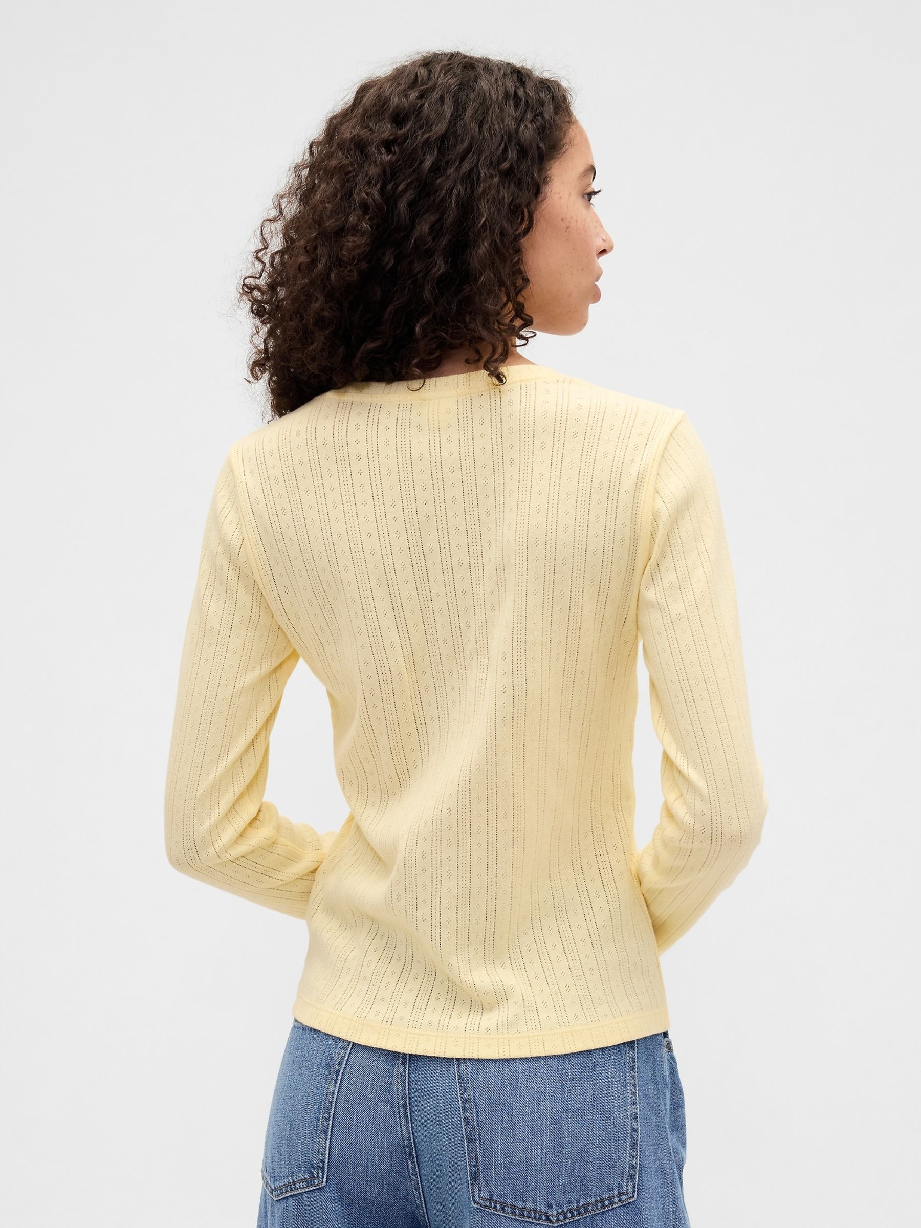Yellow Pointelle Button-Up Top - Image 2 of 5 Yellow Pointelle Button-Up Top - Image 2 of 5