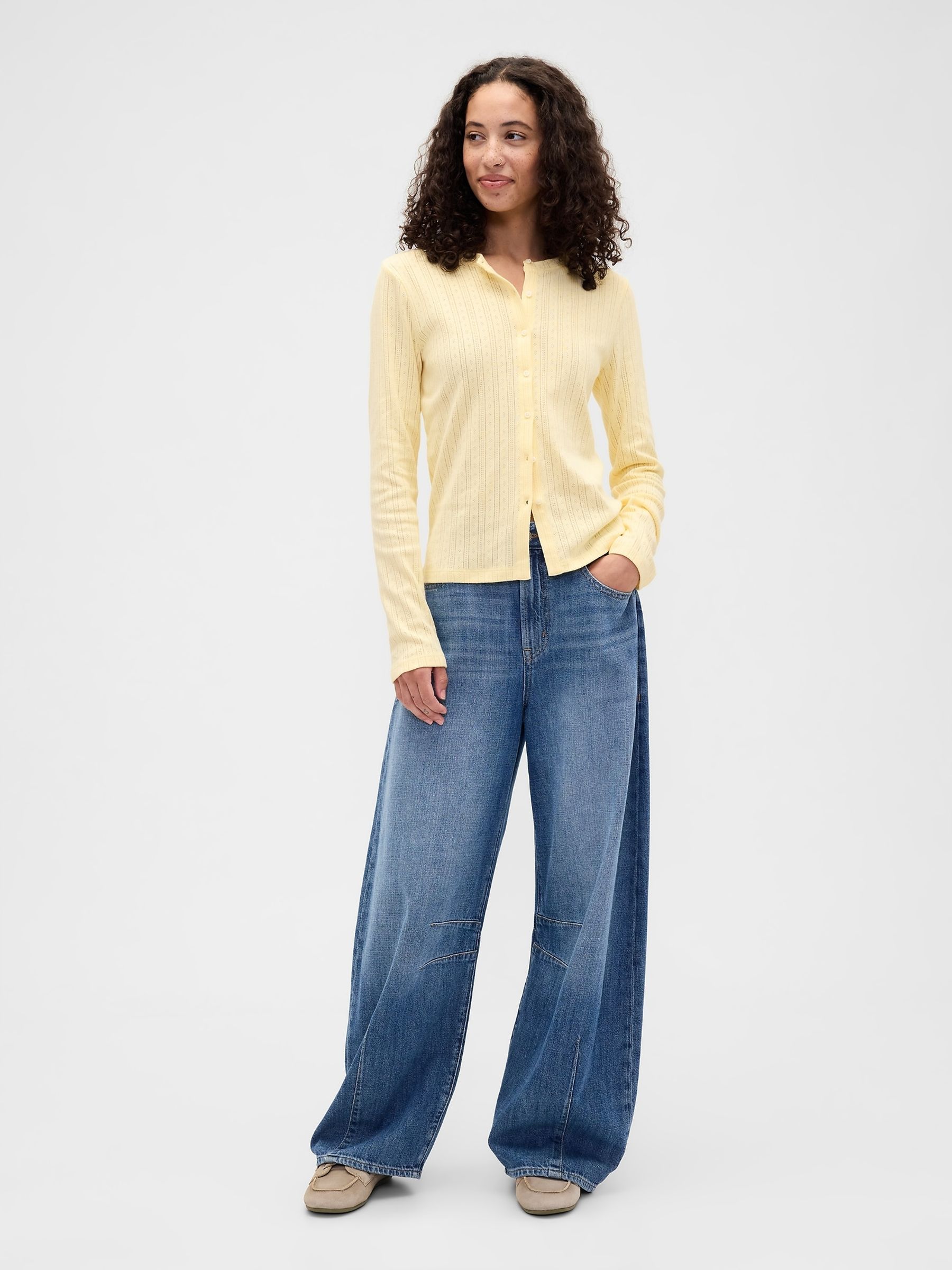 Yellow Pointelle Button-Up Top - Image 3 of 5