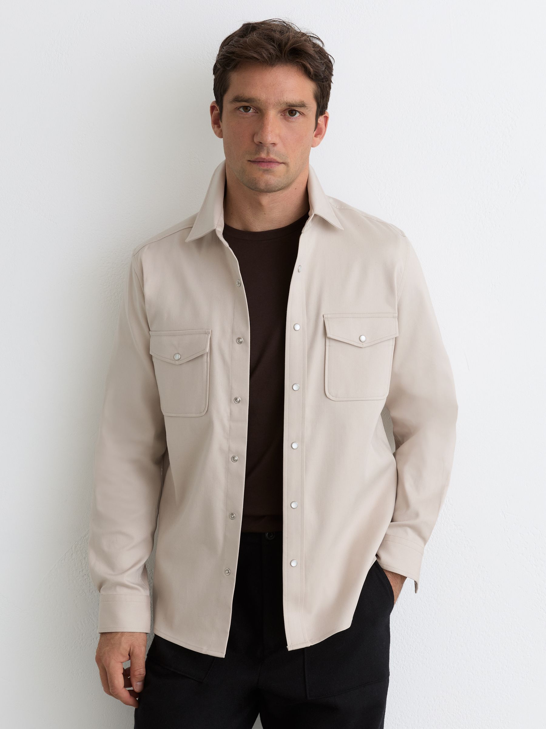 Twin-Pocket Overshirt with Stretch in Stone - Image 1 of 7