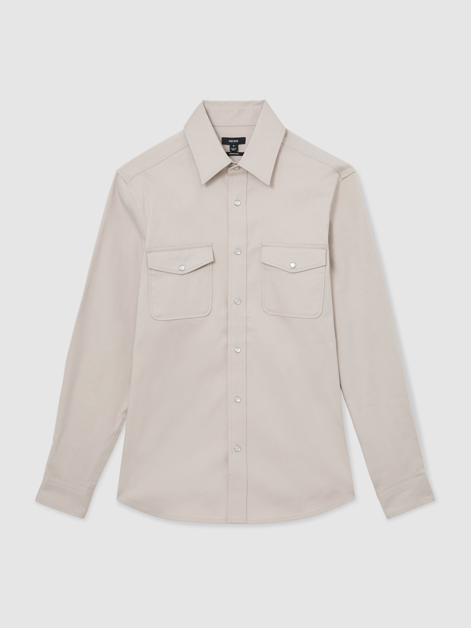 Twin-Pocket Overshirt with Stretch in Stone - Image 2 of 7 Twin-Pocket Overshirt with Stretch in Stone - Image 2 of 7