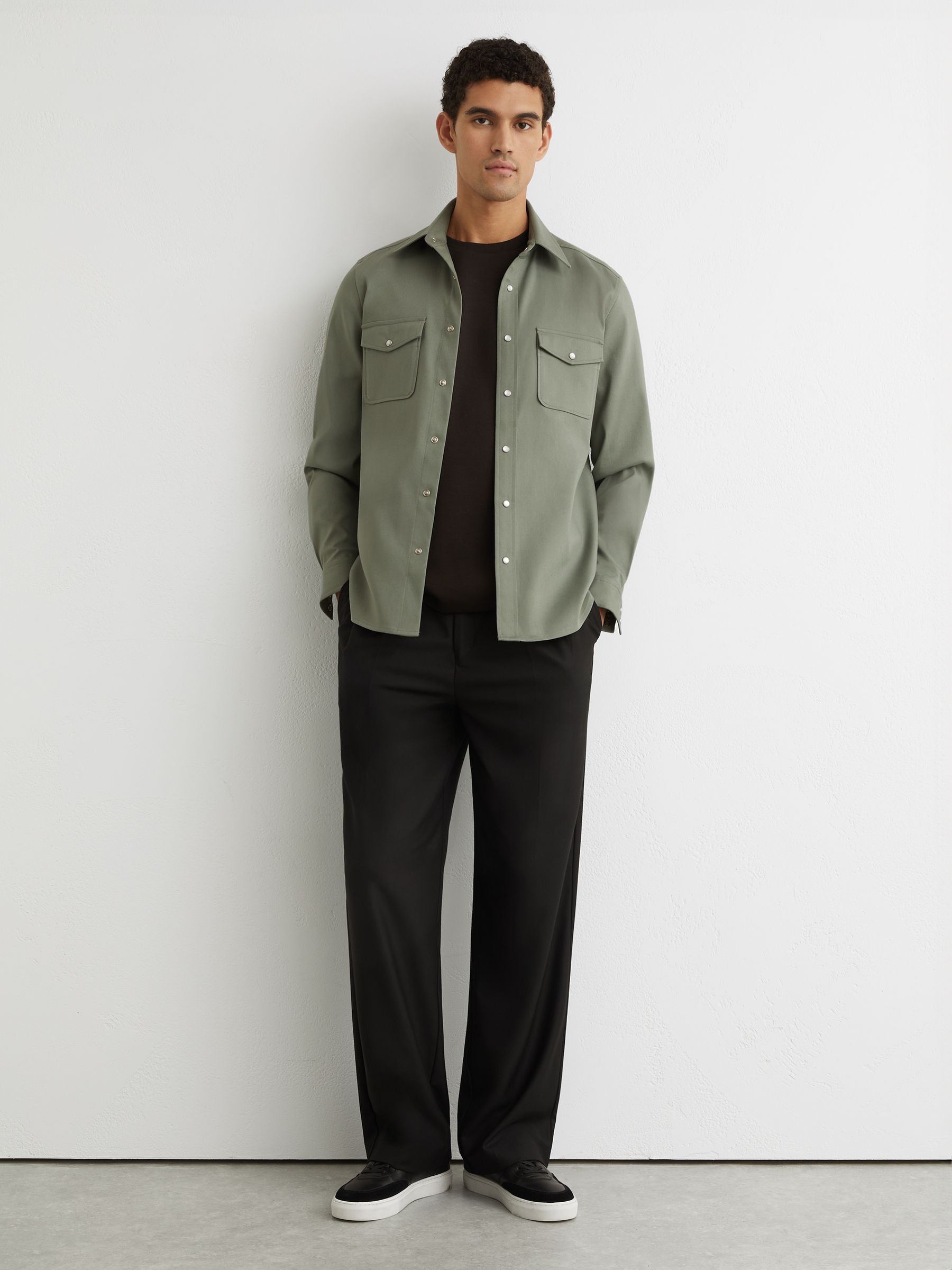 Twin-Pocket Overshirt with Stretch in Sage Green - Image 1 of 6