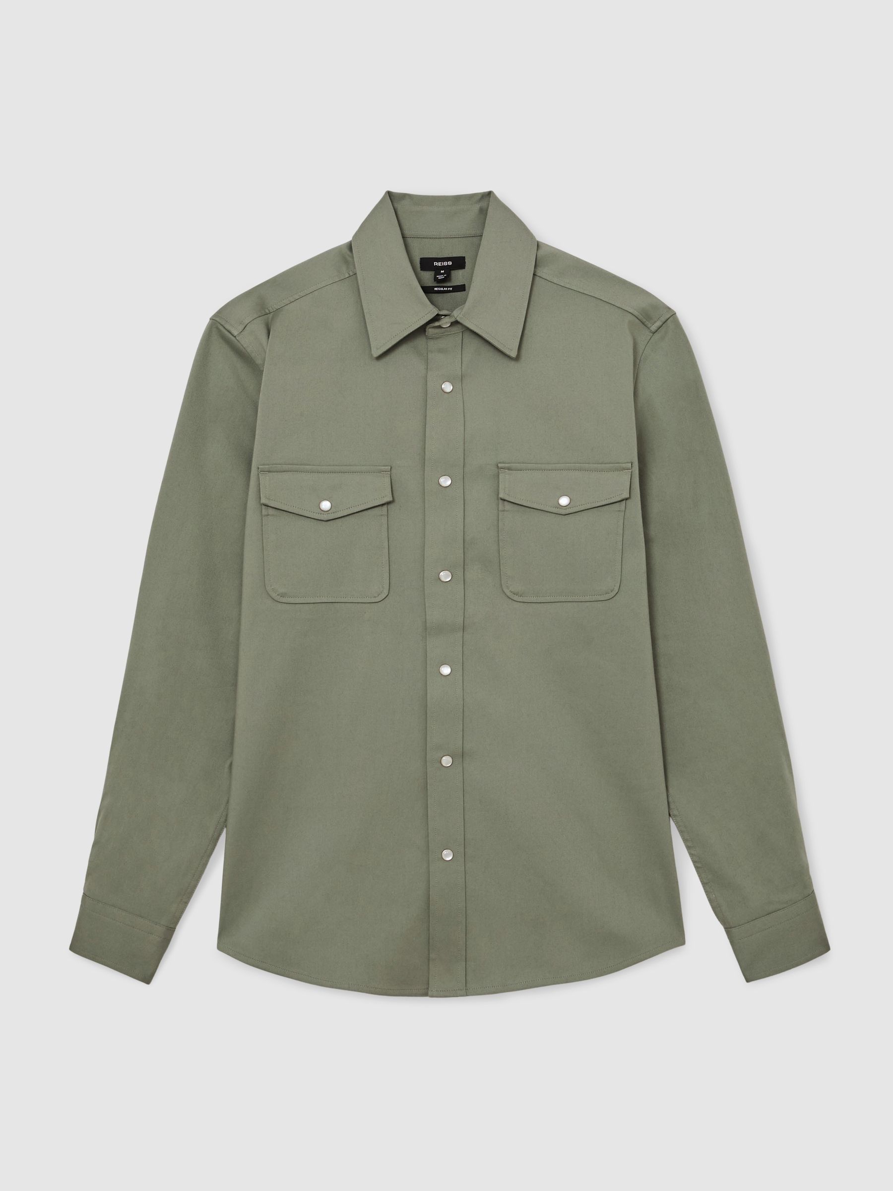 Twin-Pocket Overshirt with Stretch in Sage Green - Image 2 of 6 Twin-Pocket Overshirt with Stretch in Sage Green - Image 2 of 6