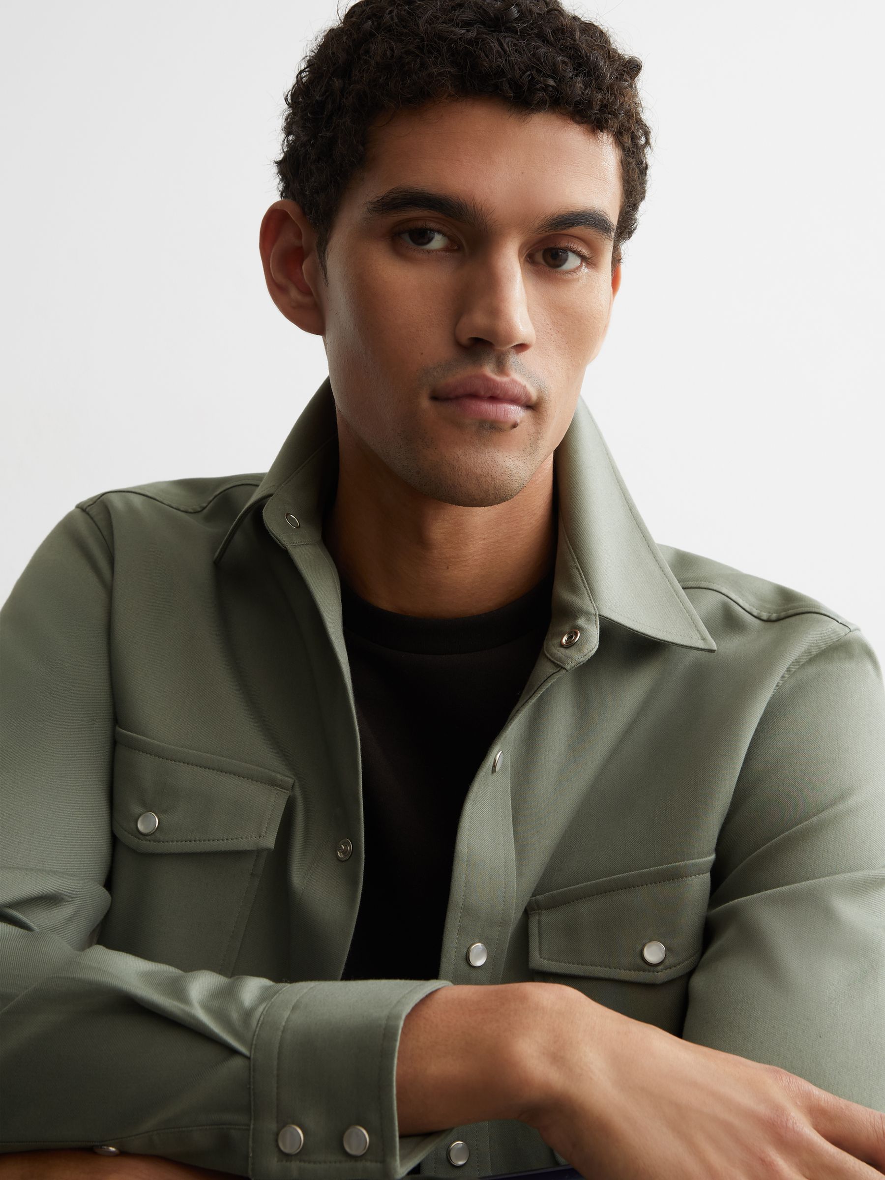 Twin-Pocket Overshirt with Stretch in Sage Green - image 5