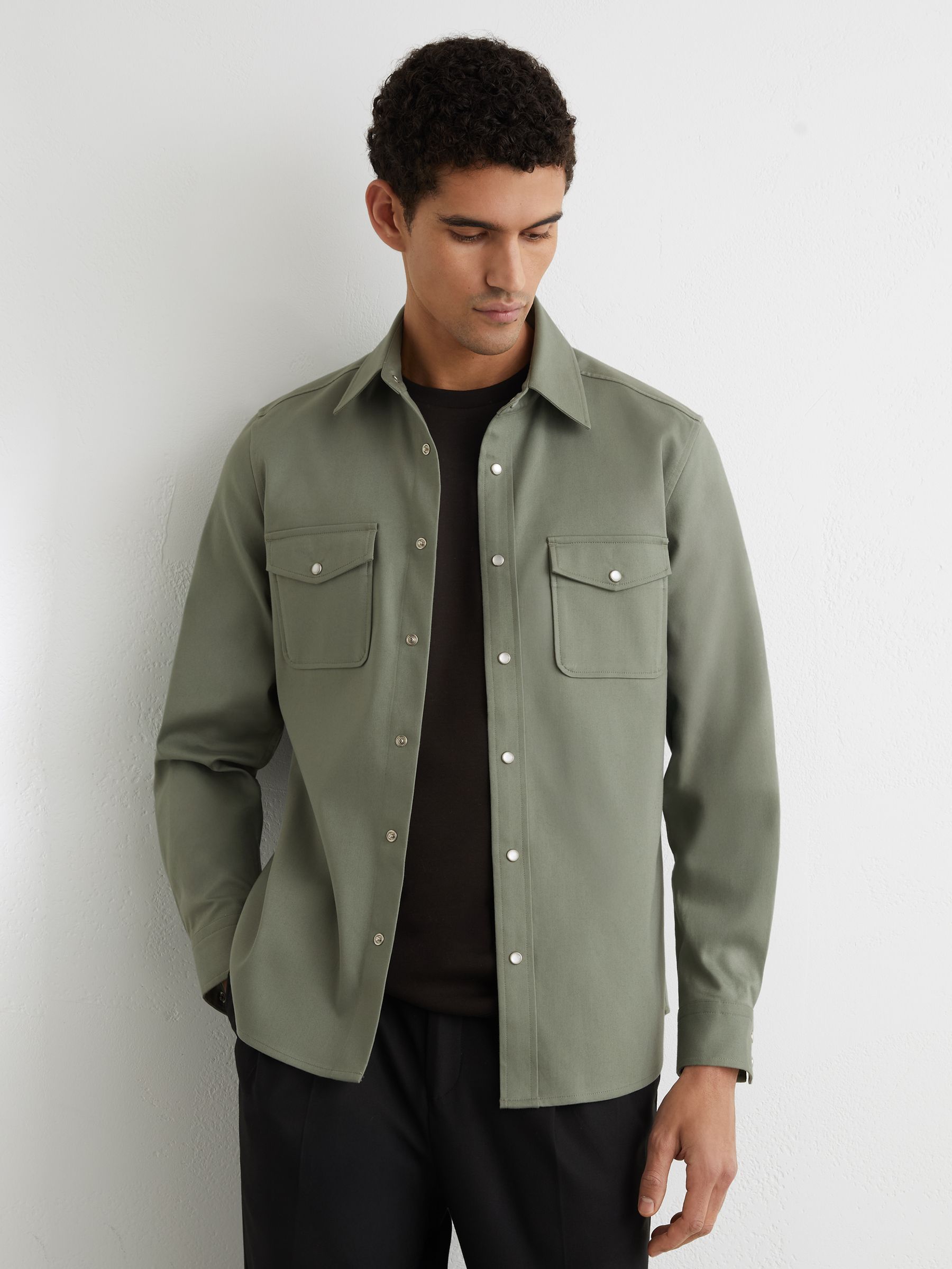 Twin-Pocket Overshirt with Stretch in Sage Green - Image 4 of 6
