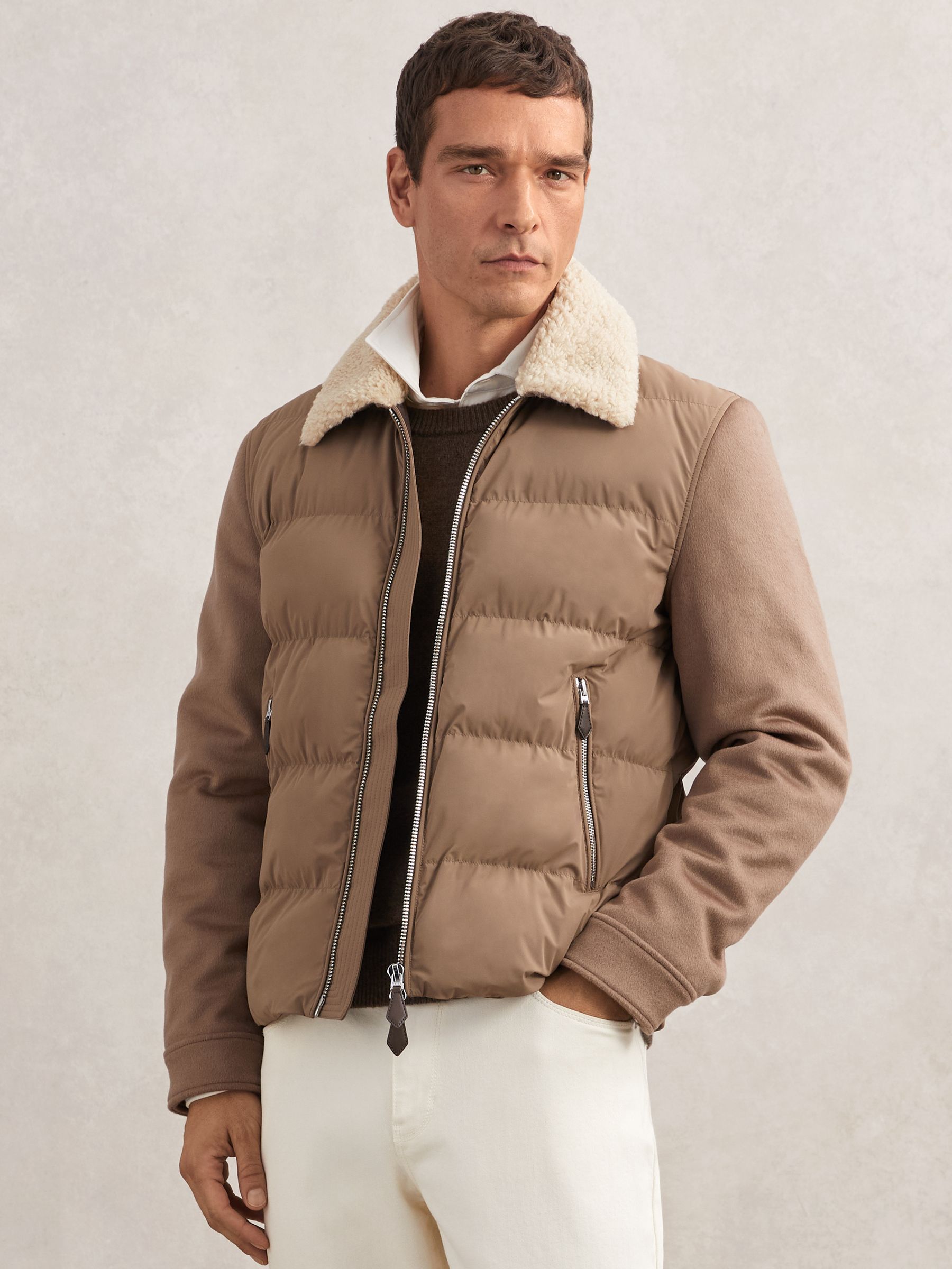 Wool-Sleeve Quilted Puffer Jacket in Light Brown - image 2