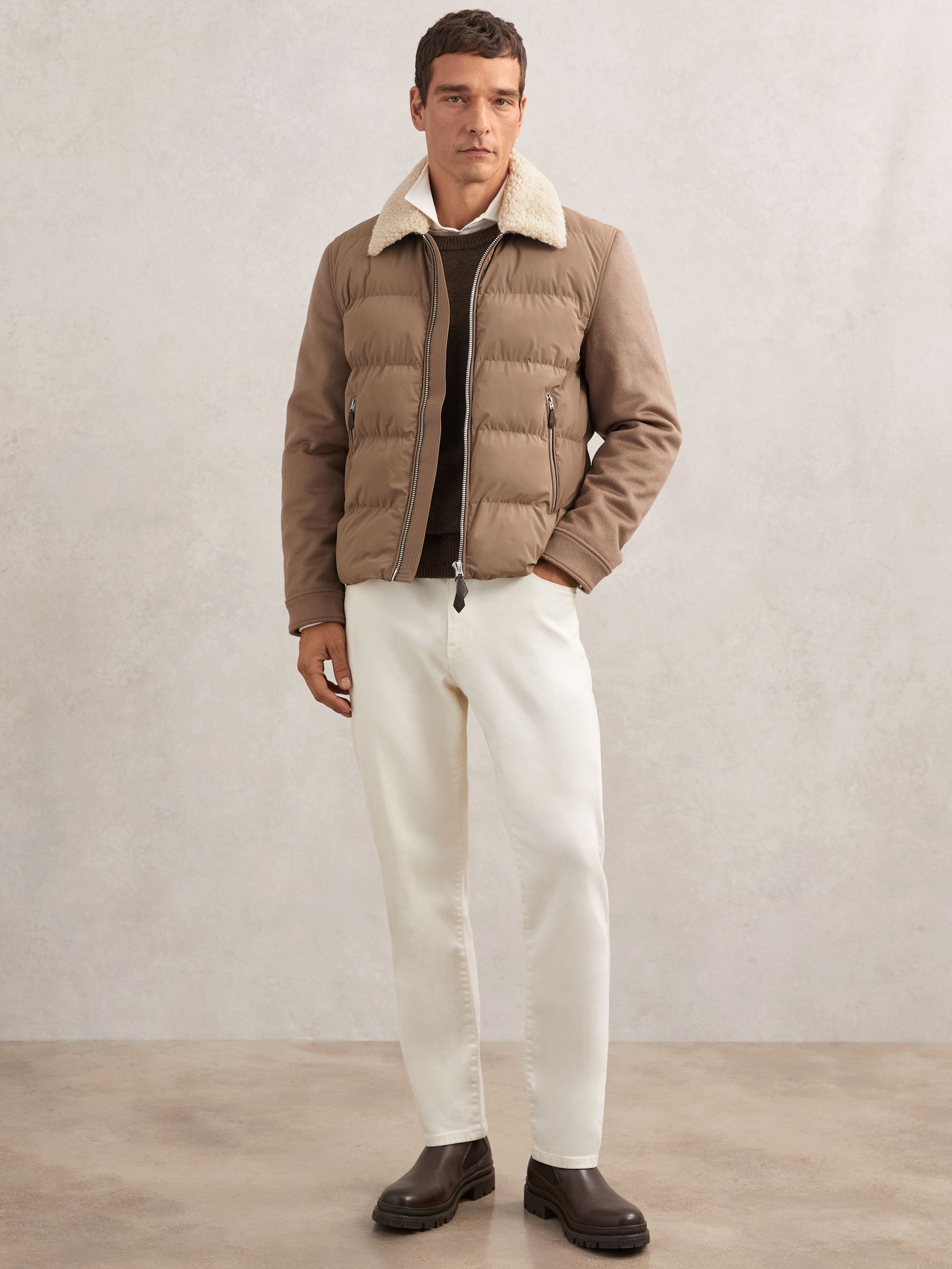 Wool-Sleeve Quilted Puffer Jacket in Light Brown - image 3