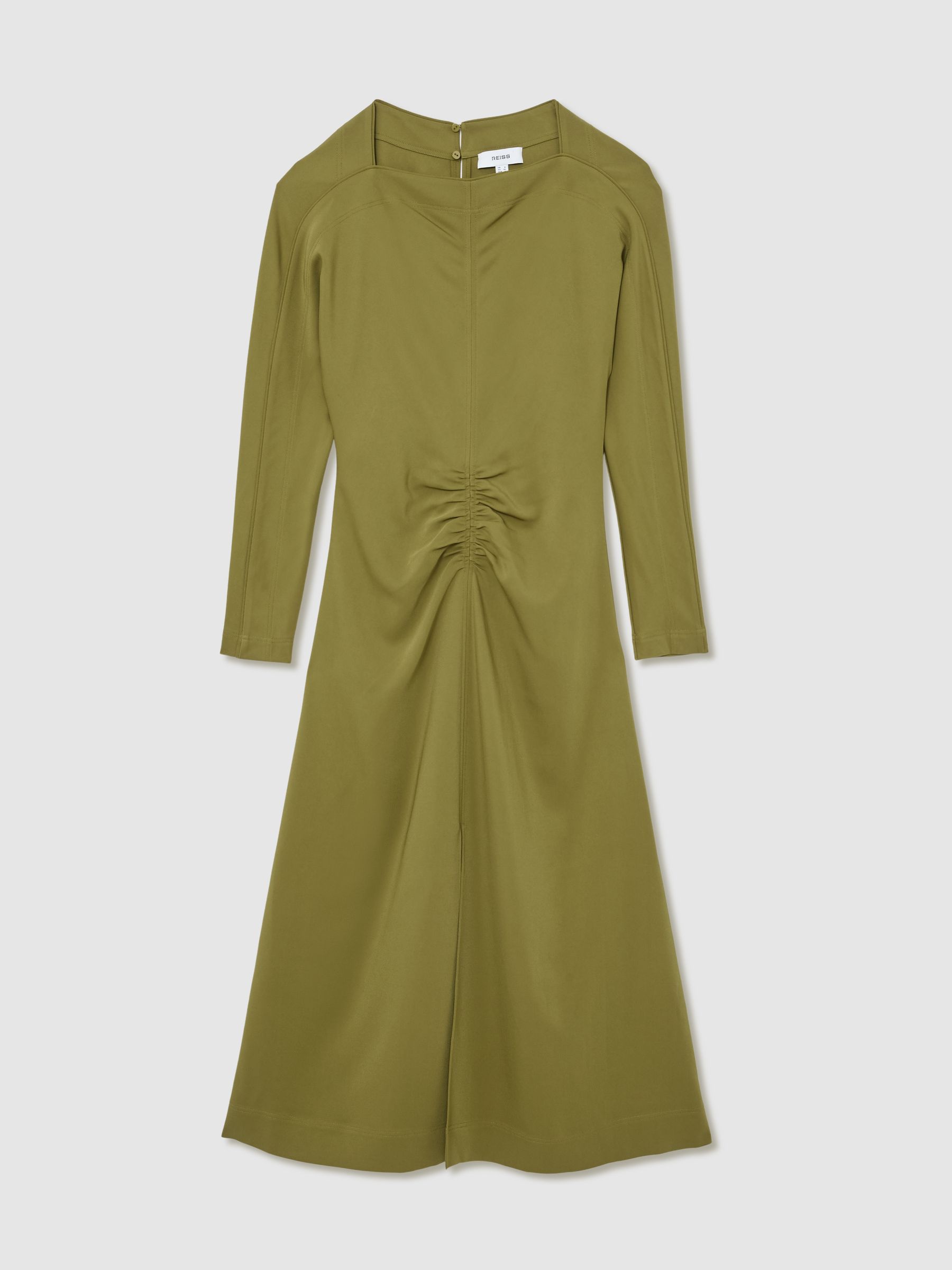 Ruched Long-Sleeve Midi Dress in Chartreuse Green - image 1