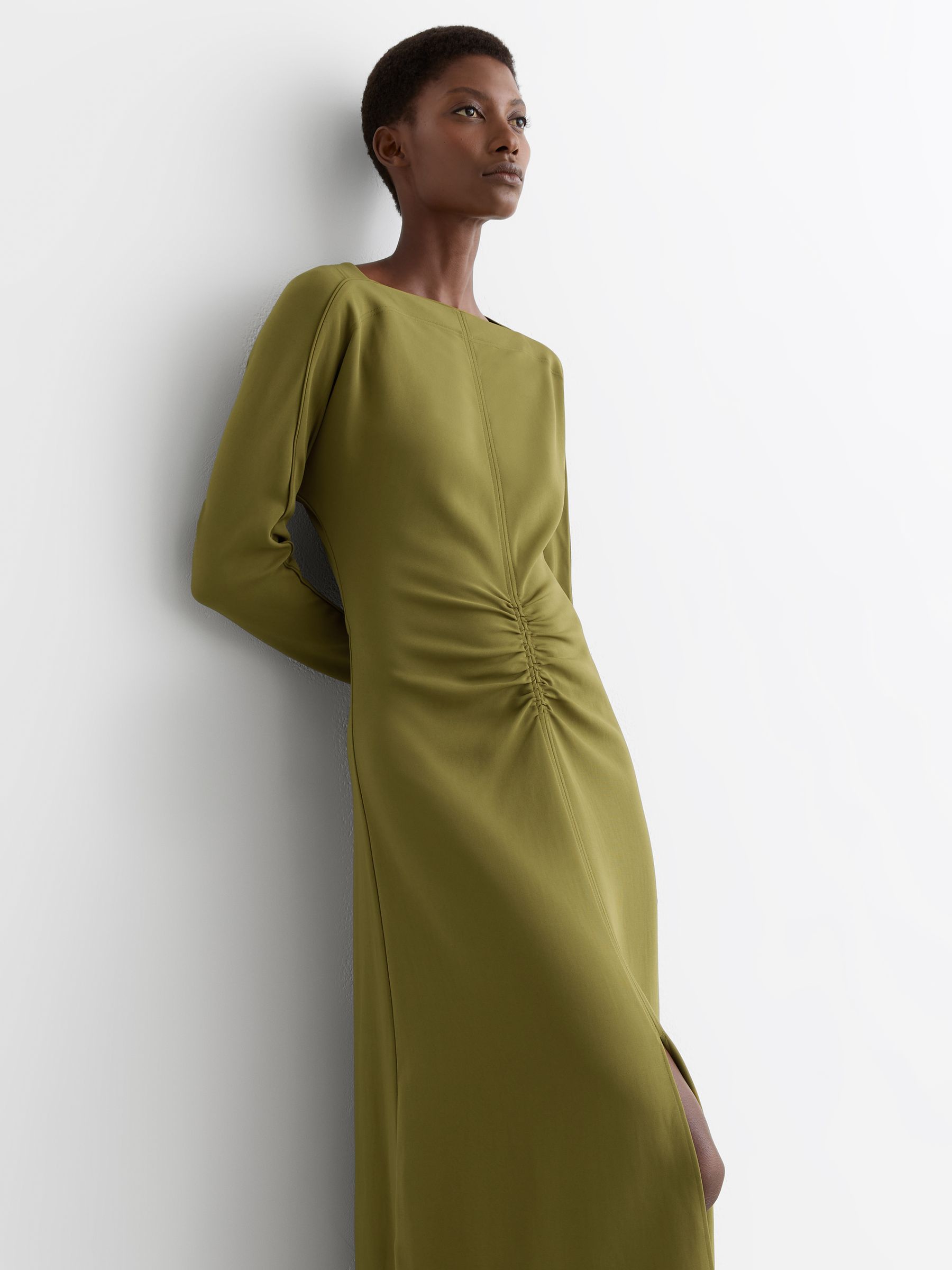 chartreuse brushed rib long sleeve ruched shirt dress Chartreuse Brushed Rib Long Sleeve Ruched