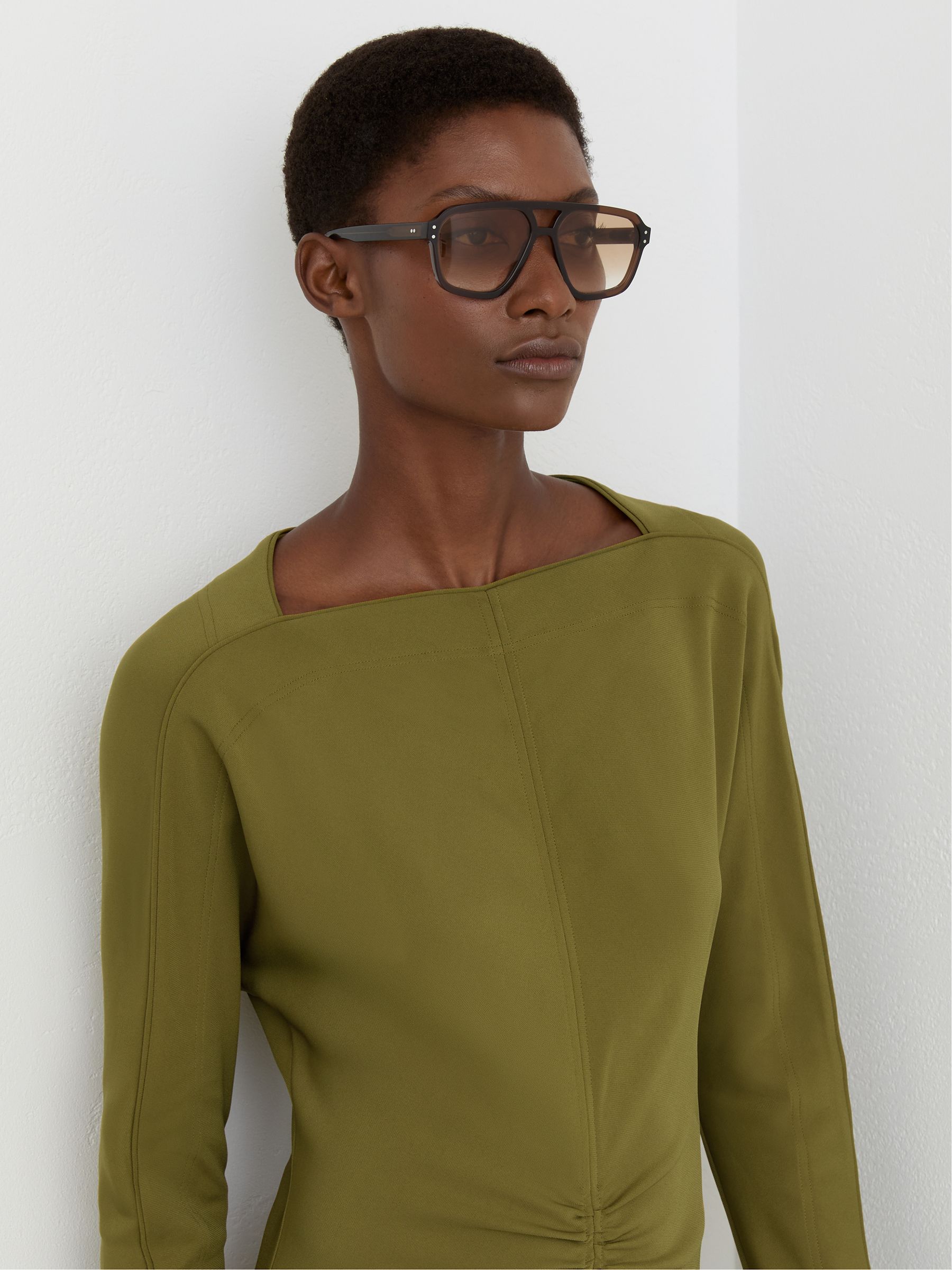 Ruched Long-Sleeve Midi Dress in Chartreuse Green - image 2
