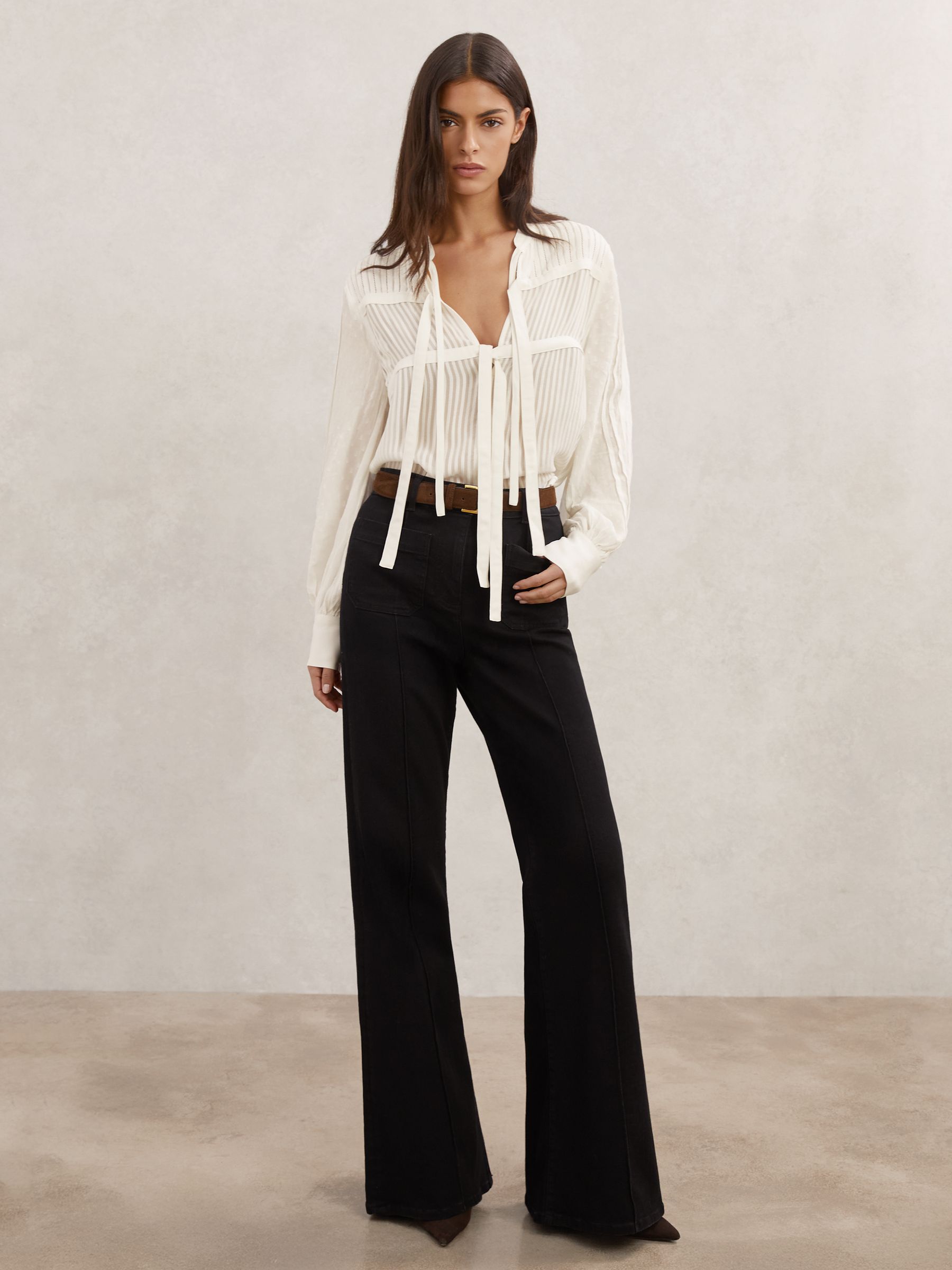 Tie-Detail Shadow-Stripe Blouse in Ivory - Image 3 of 7