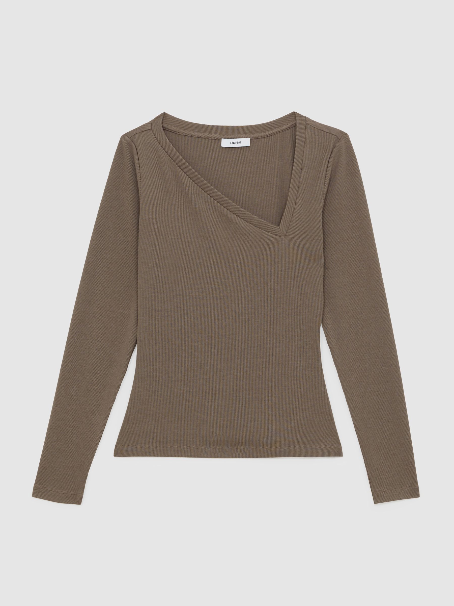Stretch-Cotton Asymmetric-Neck Top in Taupe Neutral - Image 2 of 5
