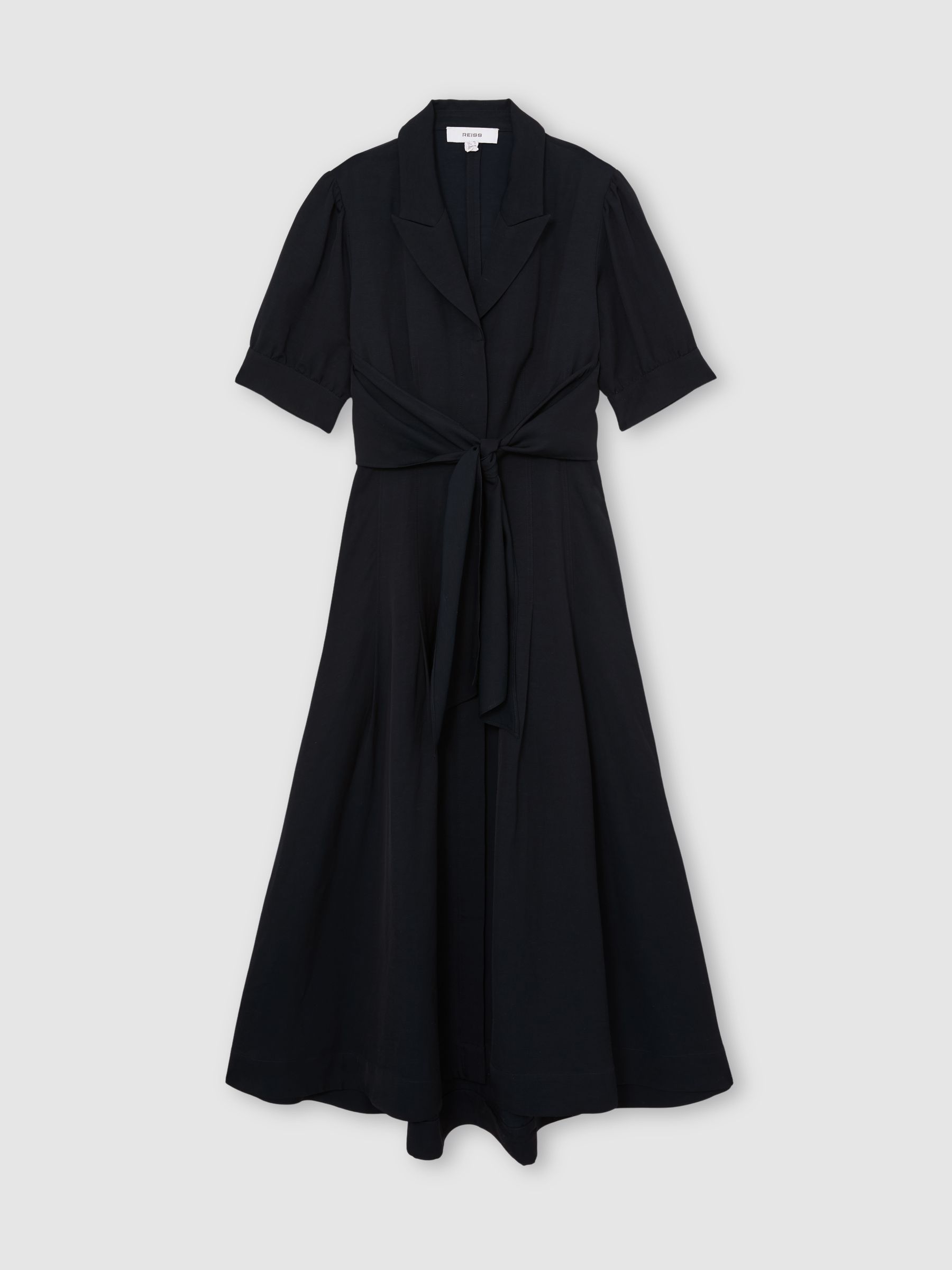 Short-Sleeve Belted Midi Dress with Linen in Navy - Image 2 of 6