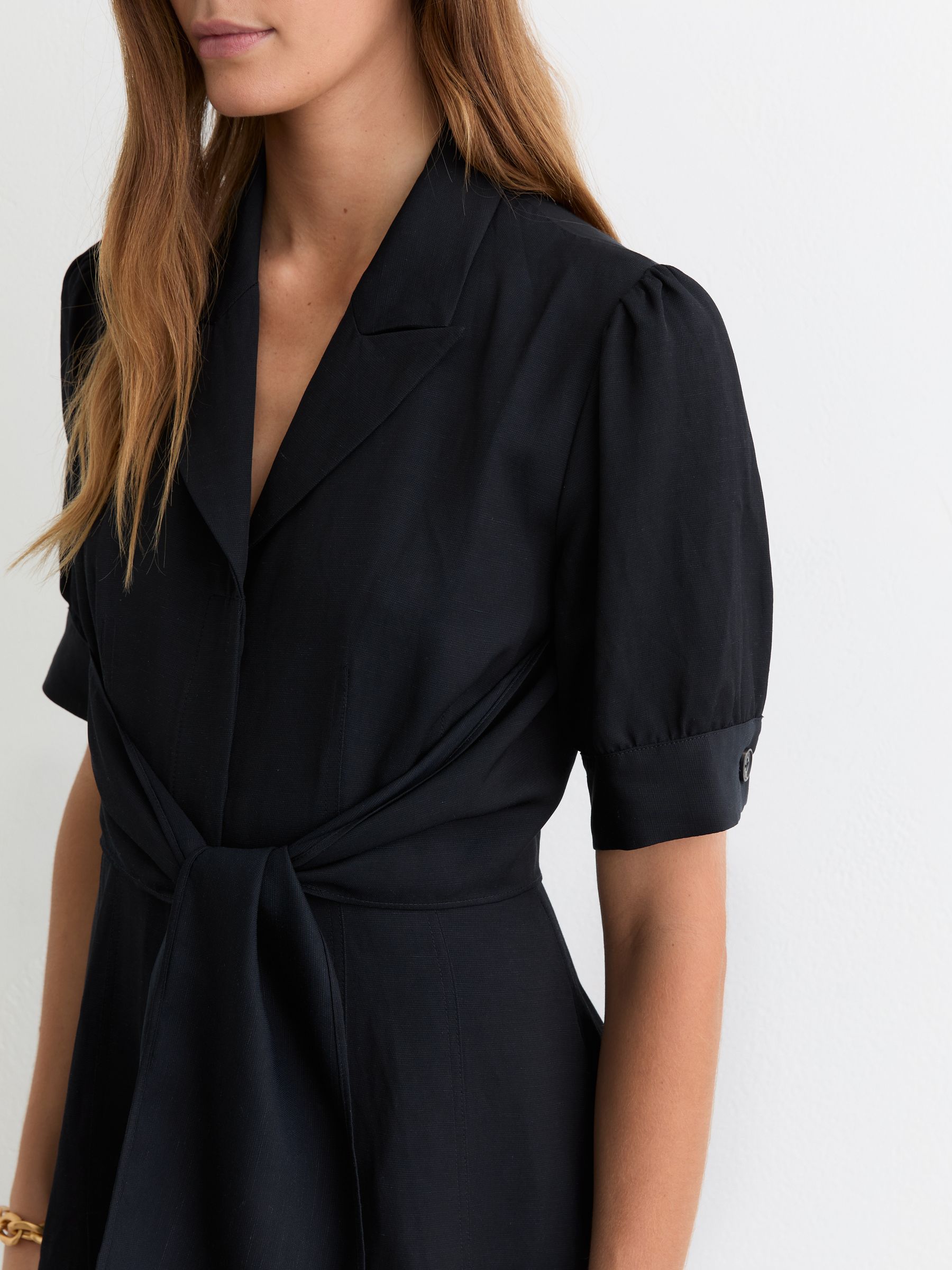Short-Sleeve Belted Midi Dress with Linen in Navy - Image 3 of 6