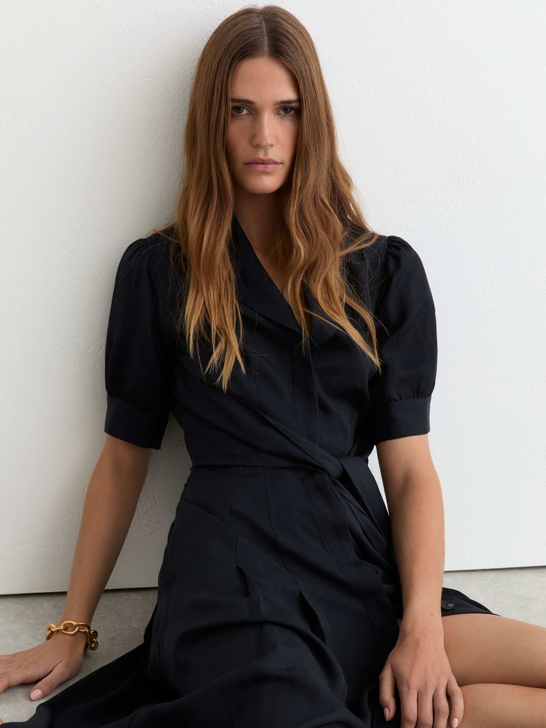 Short-Sleeve Belted Midi Dress with Linen in Navy - Image 4 of 6