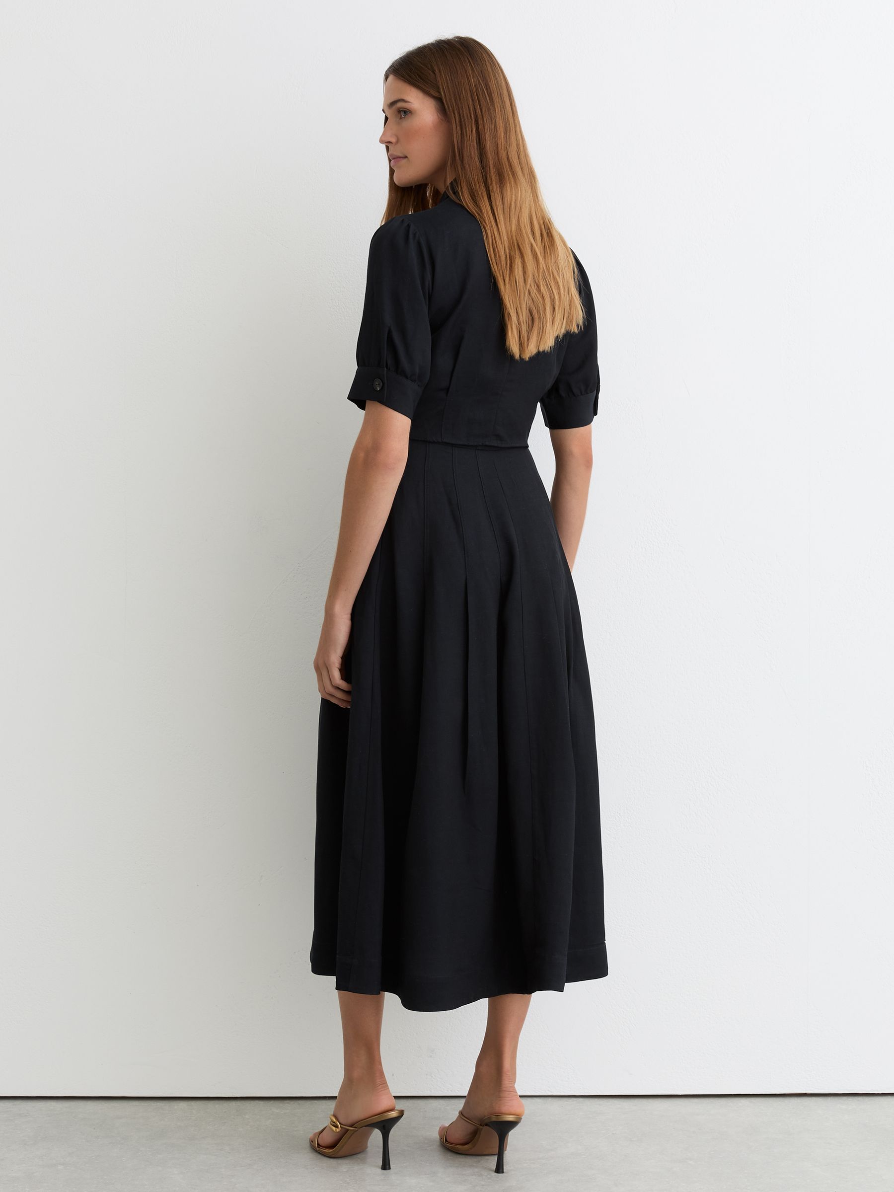 Short-Sleeve Belted Midi Dress with Linen in Navy - image 4