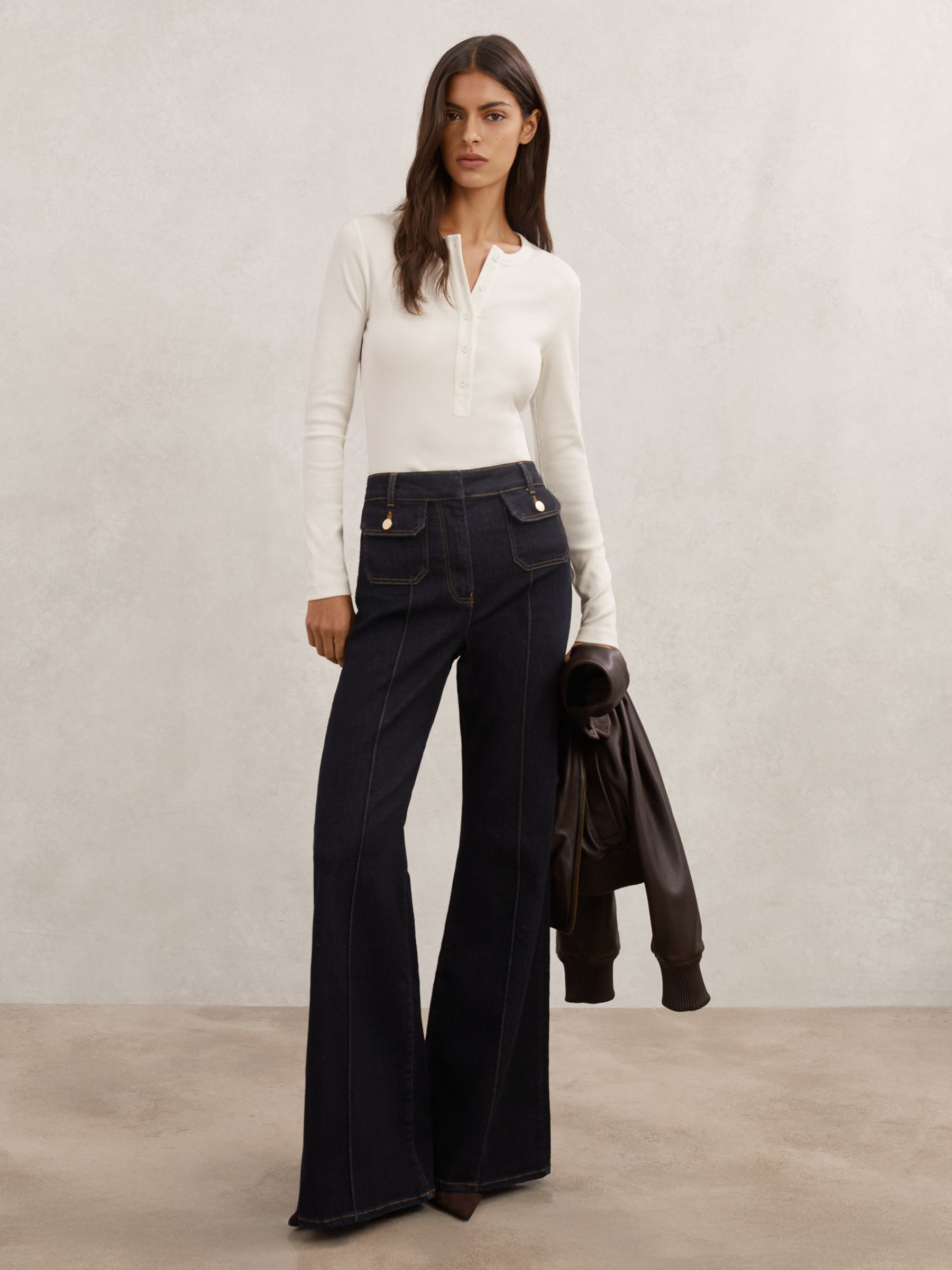 Stretch-Cotton Half-Button Top in White - image 5