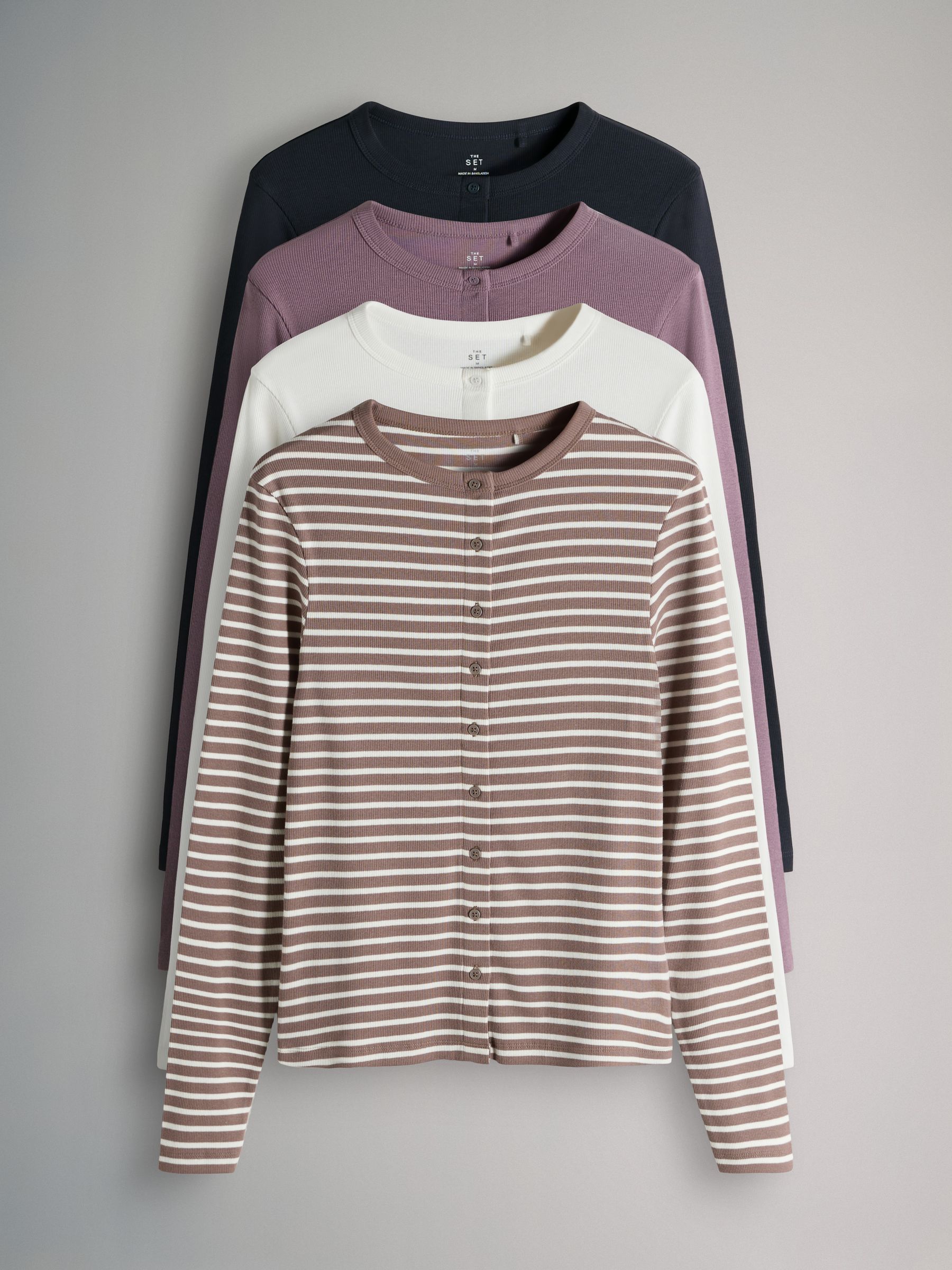 4 Pack Long Sleeve Button Through TShirts Navy/Pink/White/Stripe - Image 1 of 7