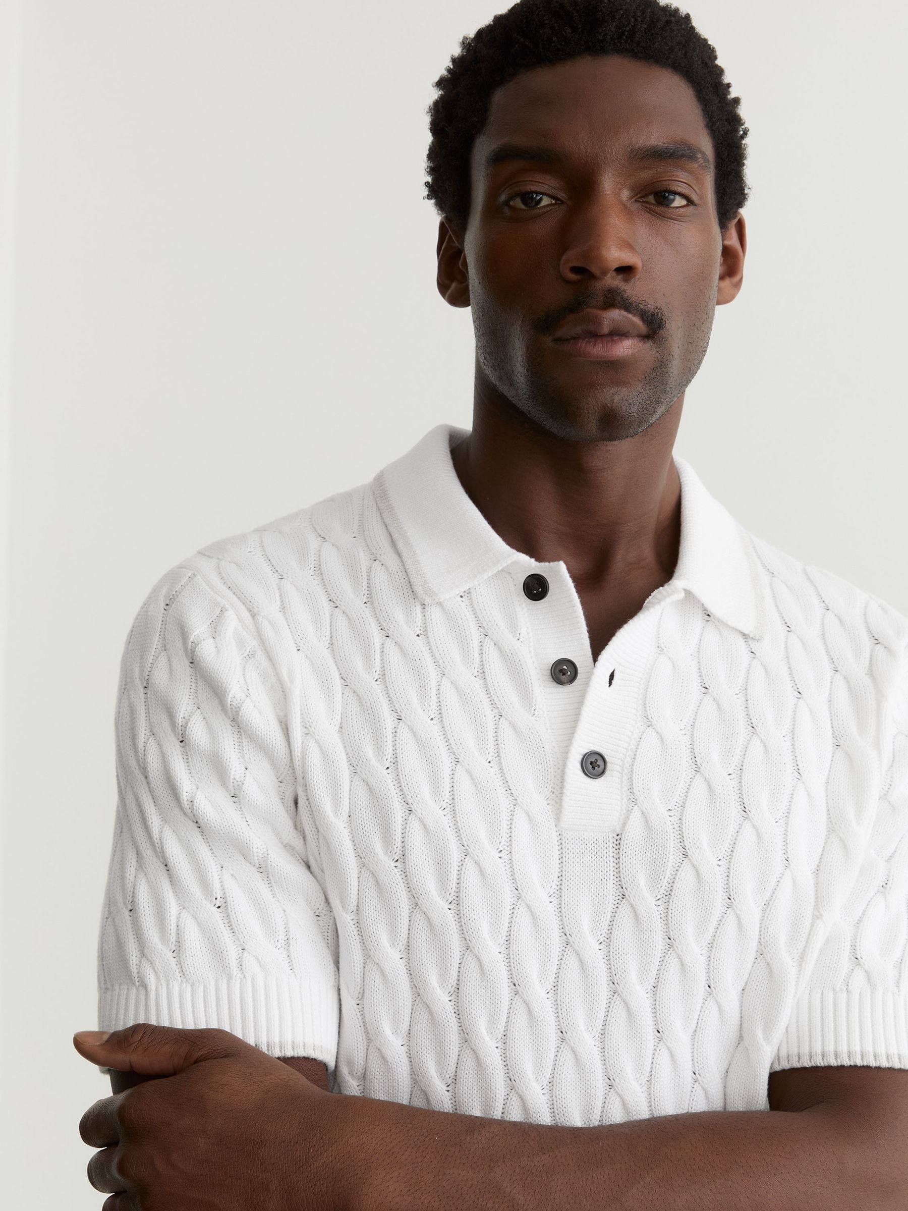 Cotton Cable-Knit Polo Shirt in White/Soft Grey - Image 1 of 6