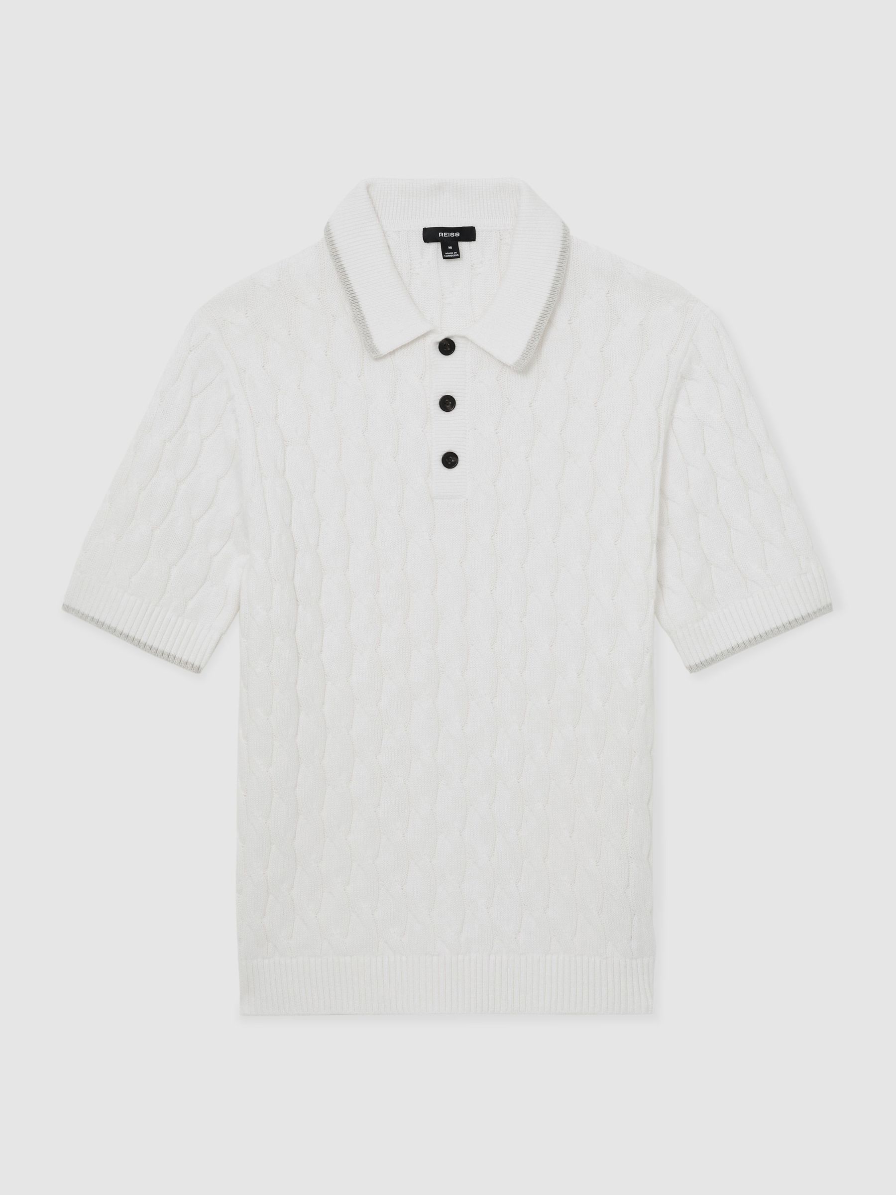 Cotton Cable-Knit Polo Shirt in White/Soft Grey - Image 2 of 6
