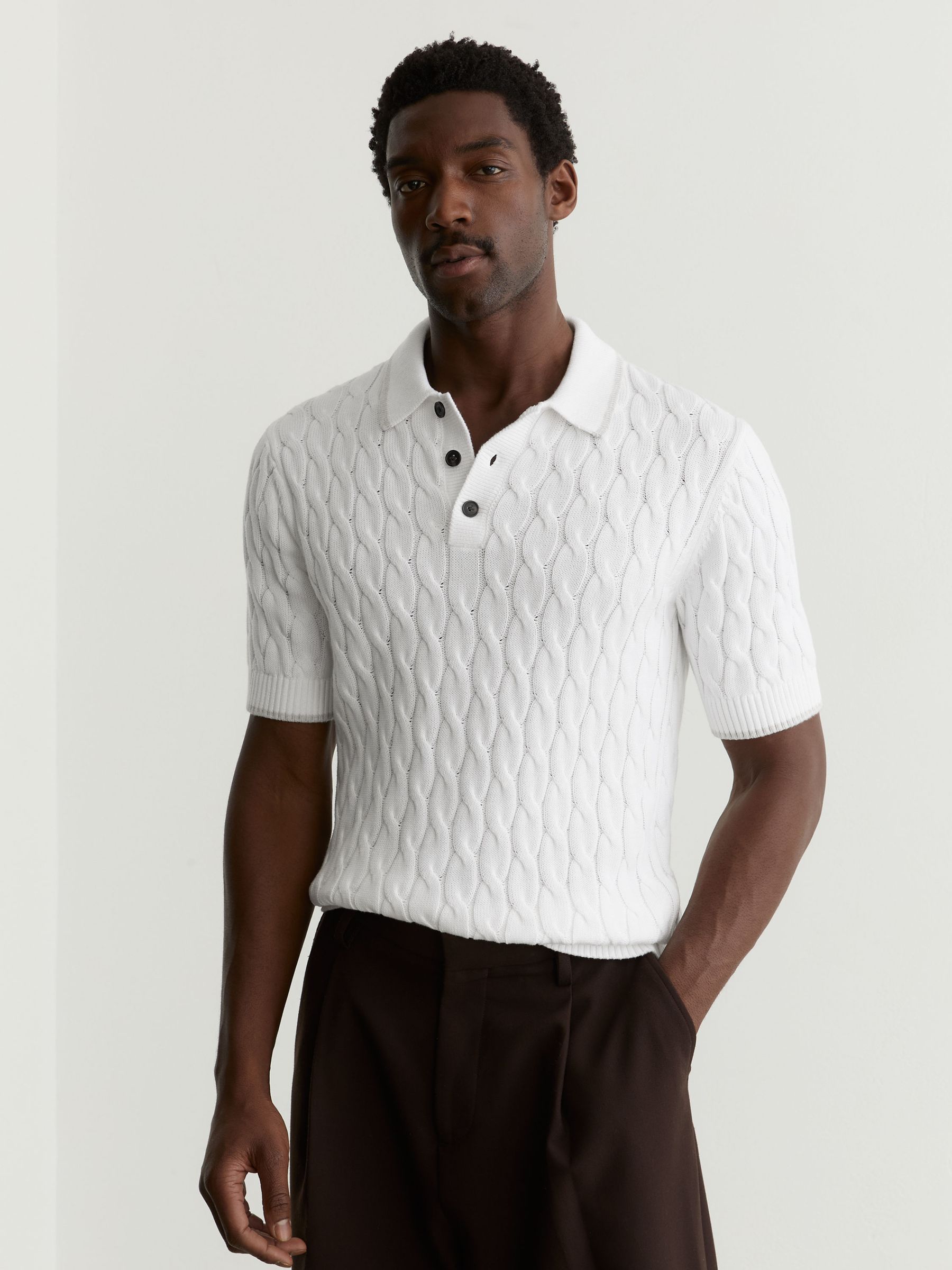 Cotton Cable-Knit Polo Shirt in White/Soft Grey - Image 3 of 6