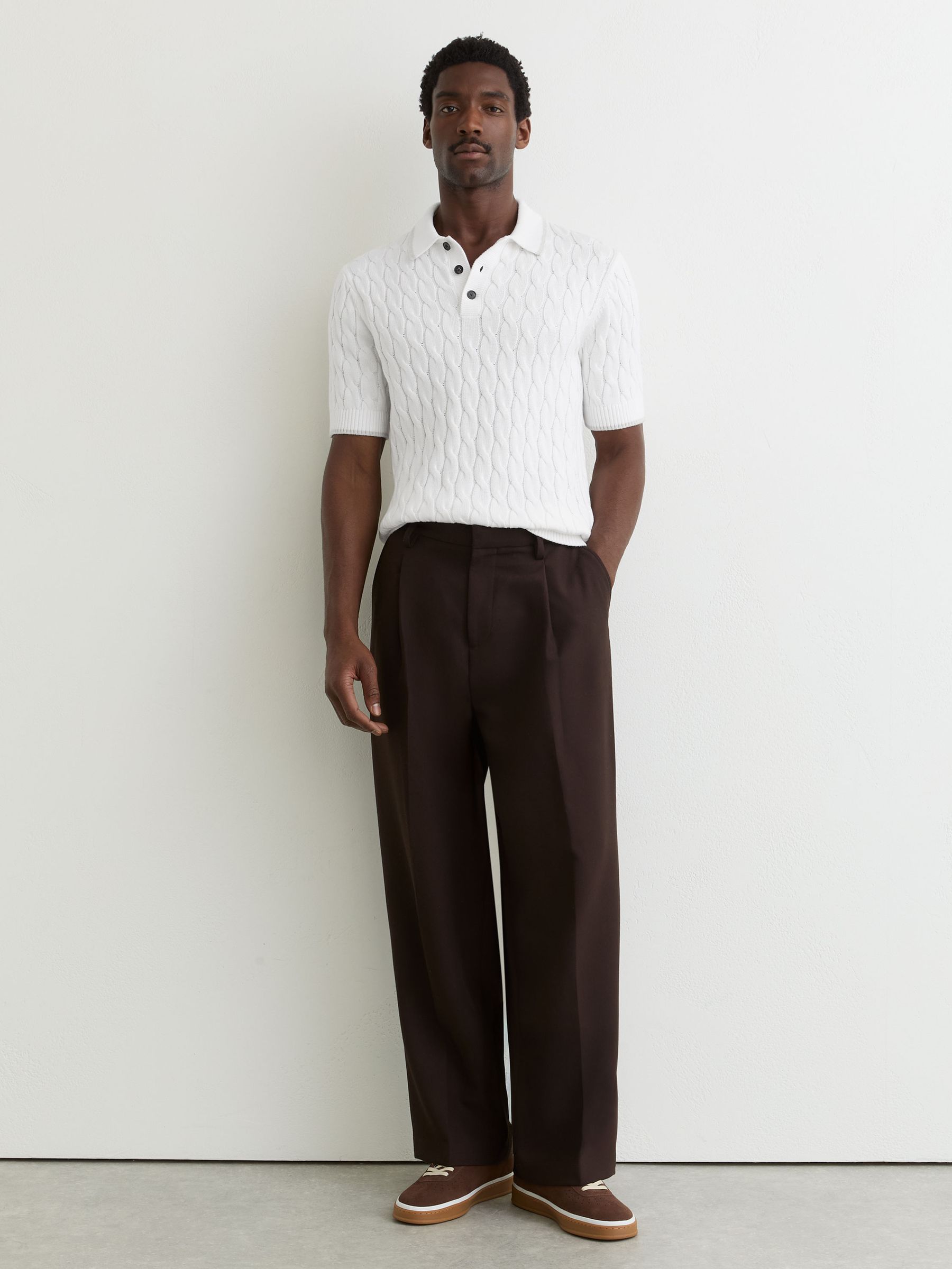 Cotton Cable-Knit Polo Shirt in White/Soft Grey - Image 4 of 6