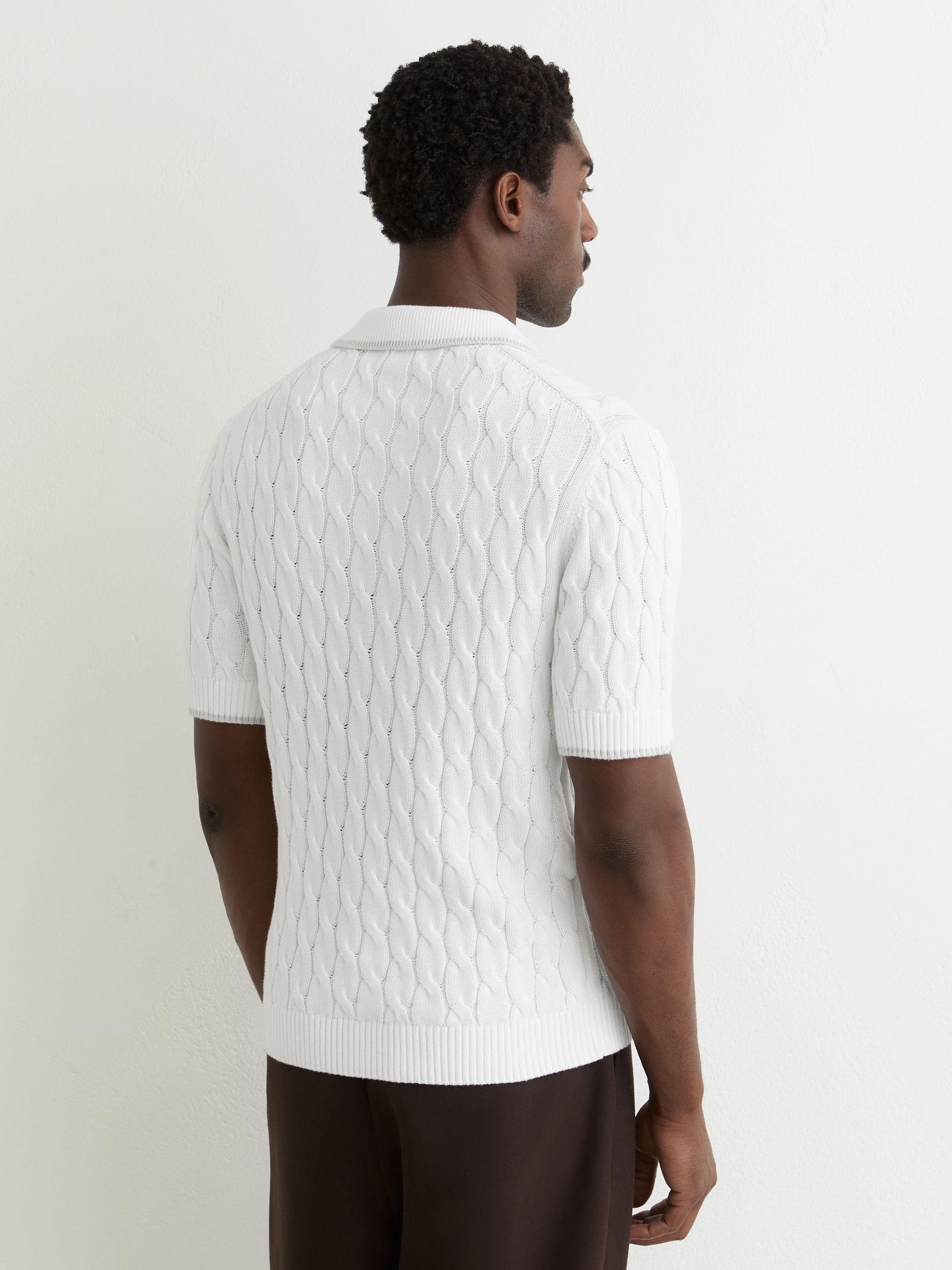 Cotton Cable-Knit Polo Shirt in White/Soft Grey - image 4