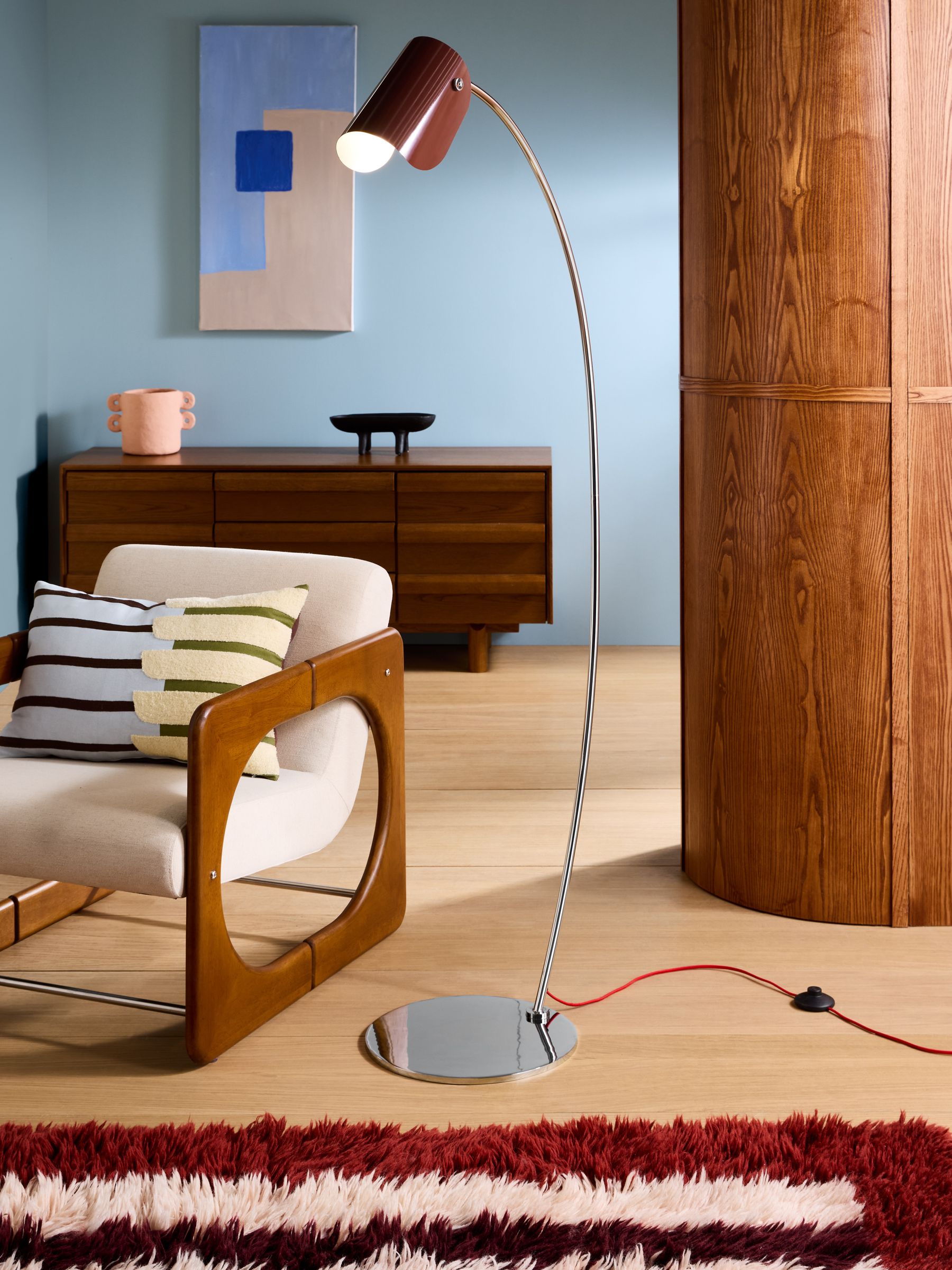 Curve Floor Lamp in Chrome & Red - Image 1 of 5