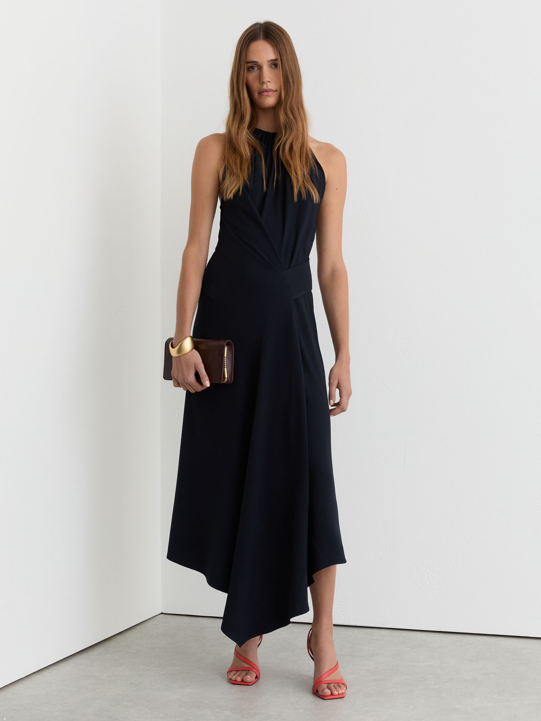 Drape-Detail Sleeveless Midi Dress in Navy - Image 1 of 8 Drape-Detail Sleeveless Midi Dress in Navy - Image 1 of 8