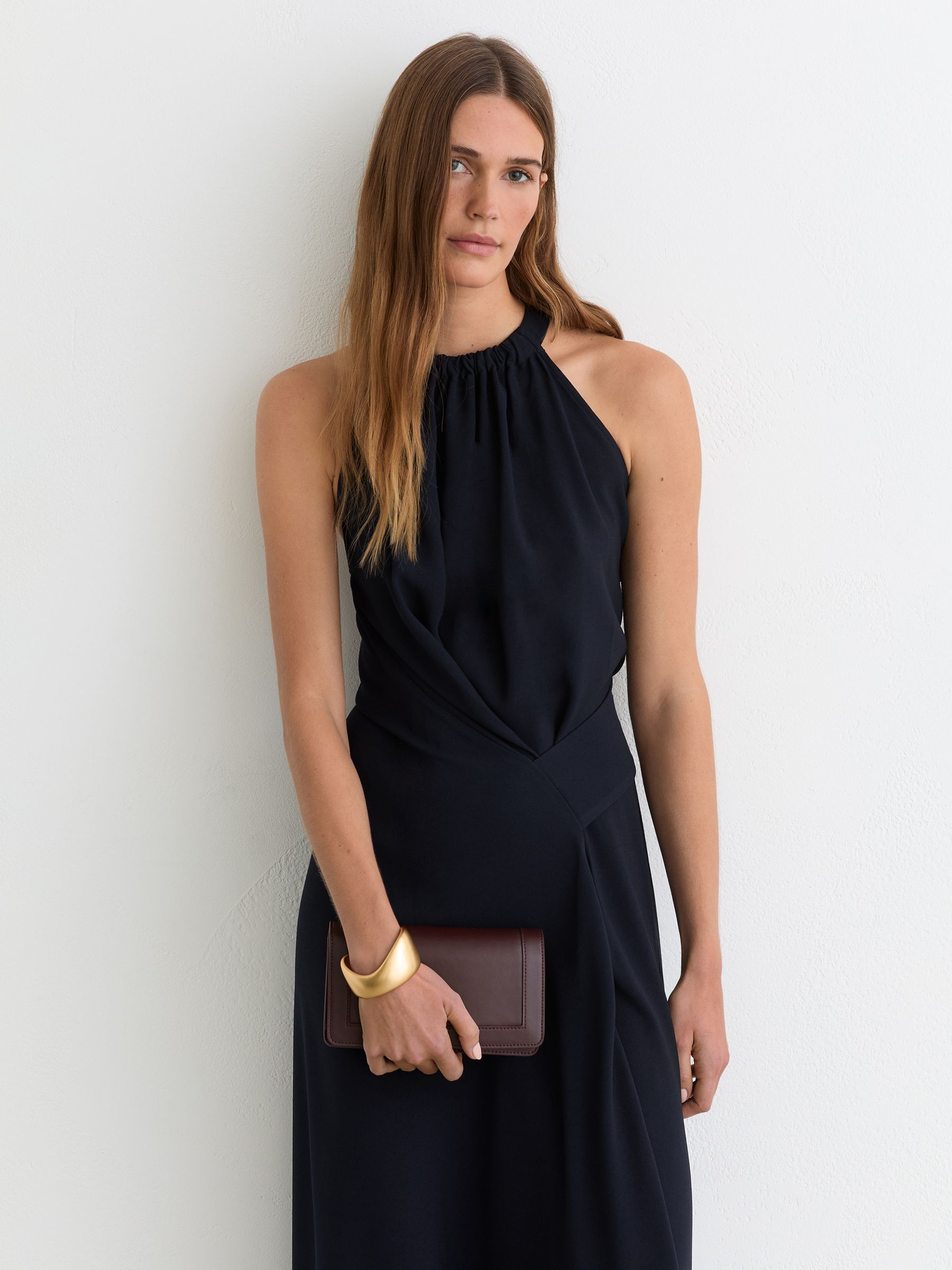 Drape-Detail Sleeveless Midi Dress in Navy - Image 4 of 8