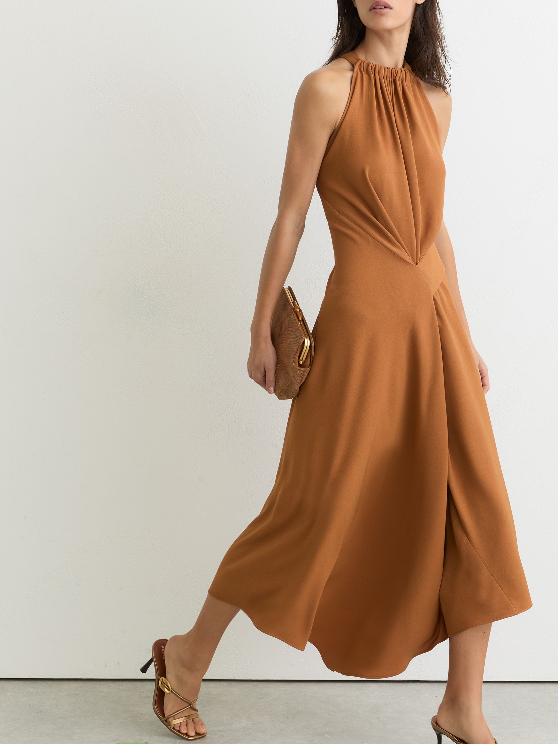 Drape-Detail Sleeveless Midi Dress in Rust Orange - Image 3 of 7