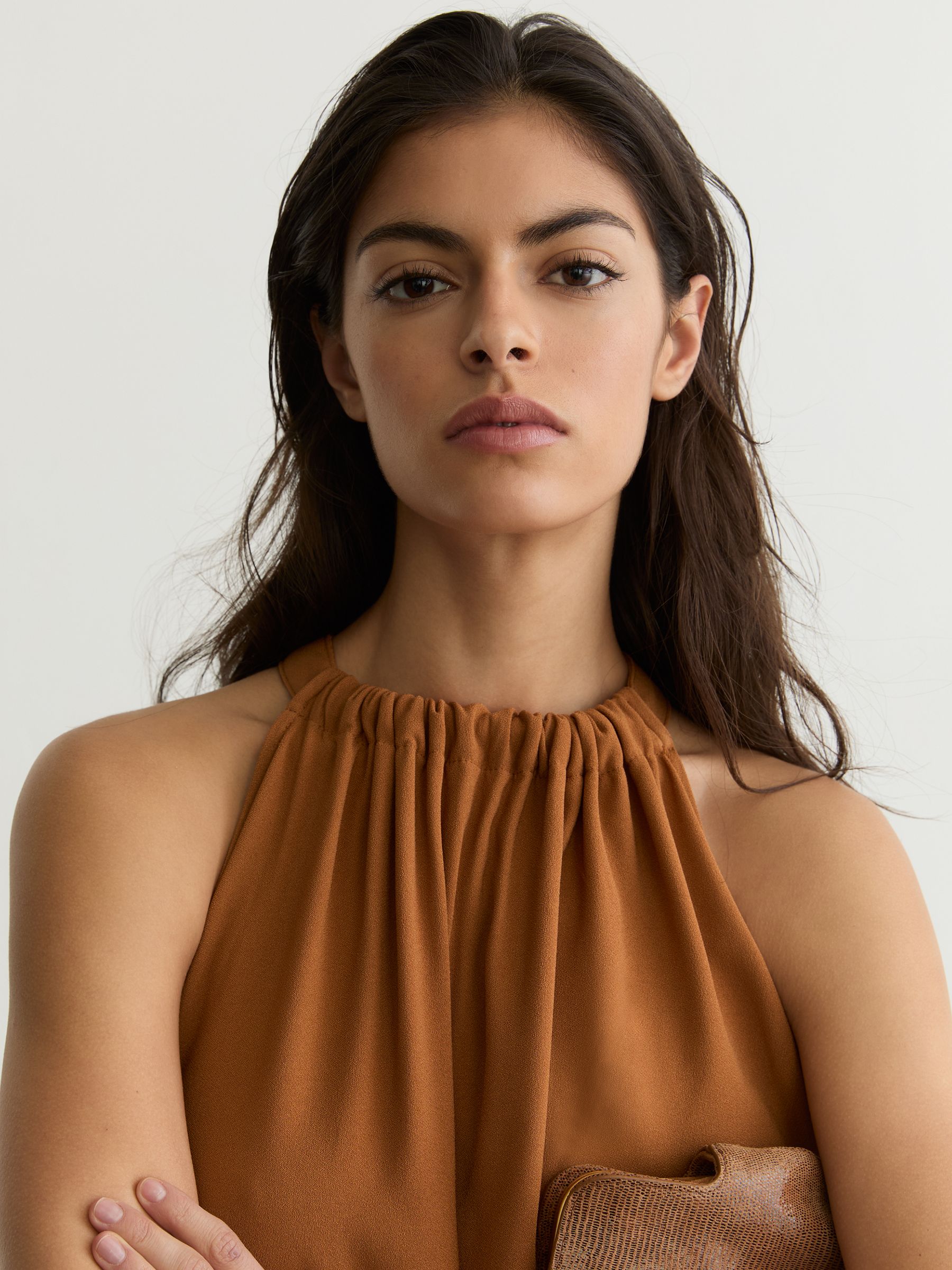Drape-Detail Sleeveless Midi Dress in Rust Orange - Image 5 of 7