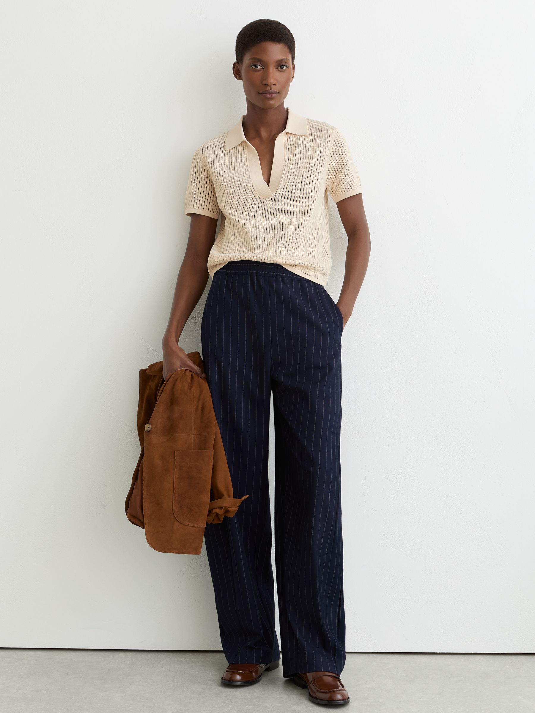 Open-Stitch Knitted Polo Top in Ivory - Image 1 of 6