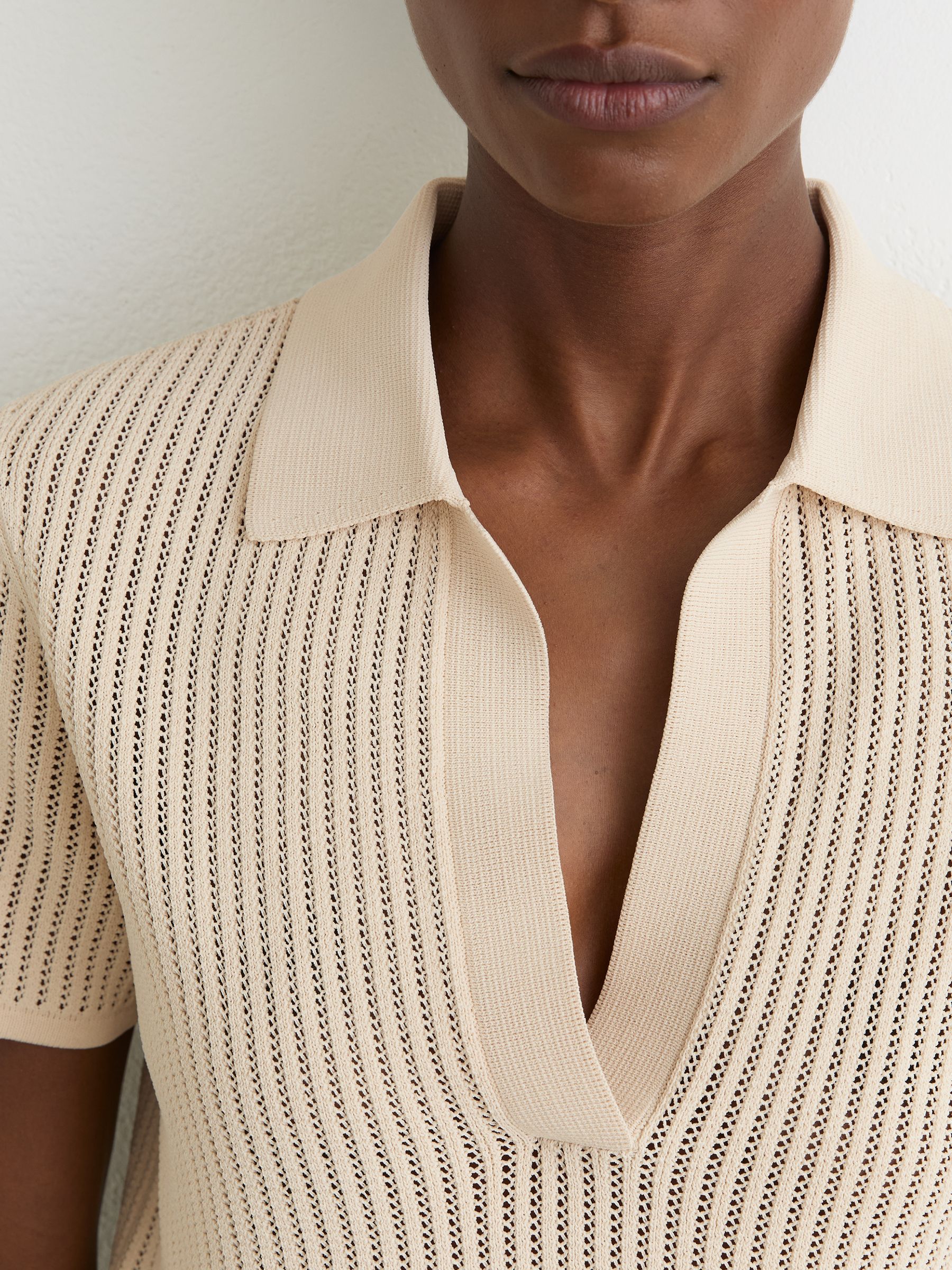 Open-Stitch Knitted Polo Top in Ivory - Image 3 of 6
