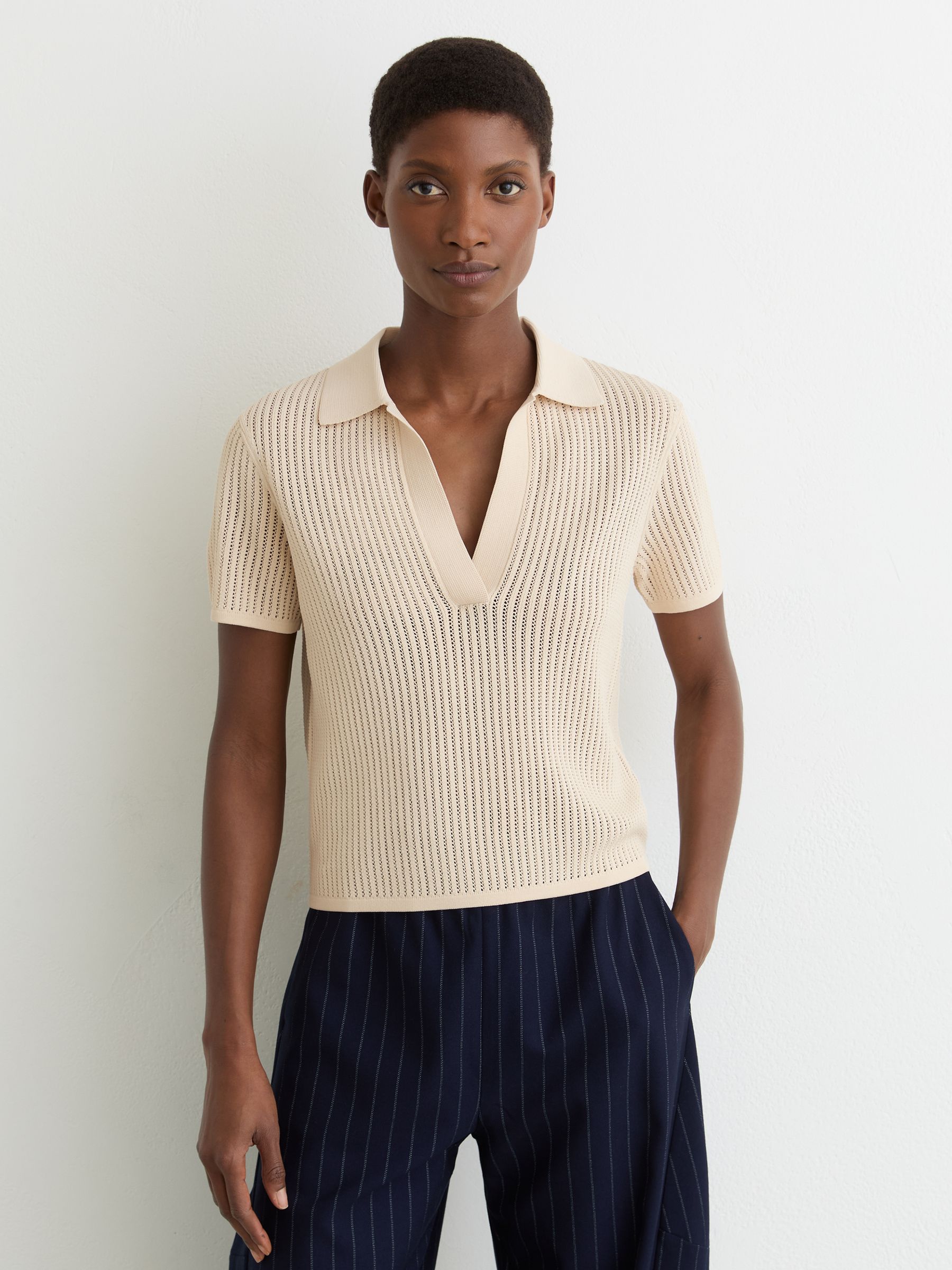 Open-Stitch Knitted Polo Top in Ivory - Image 4 of 6