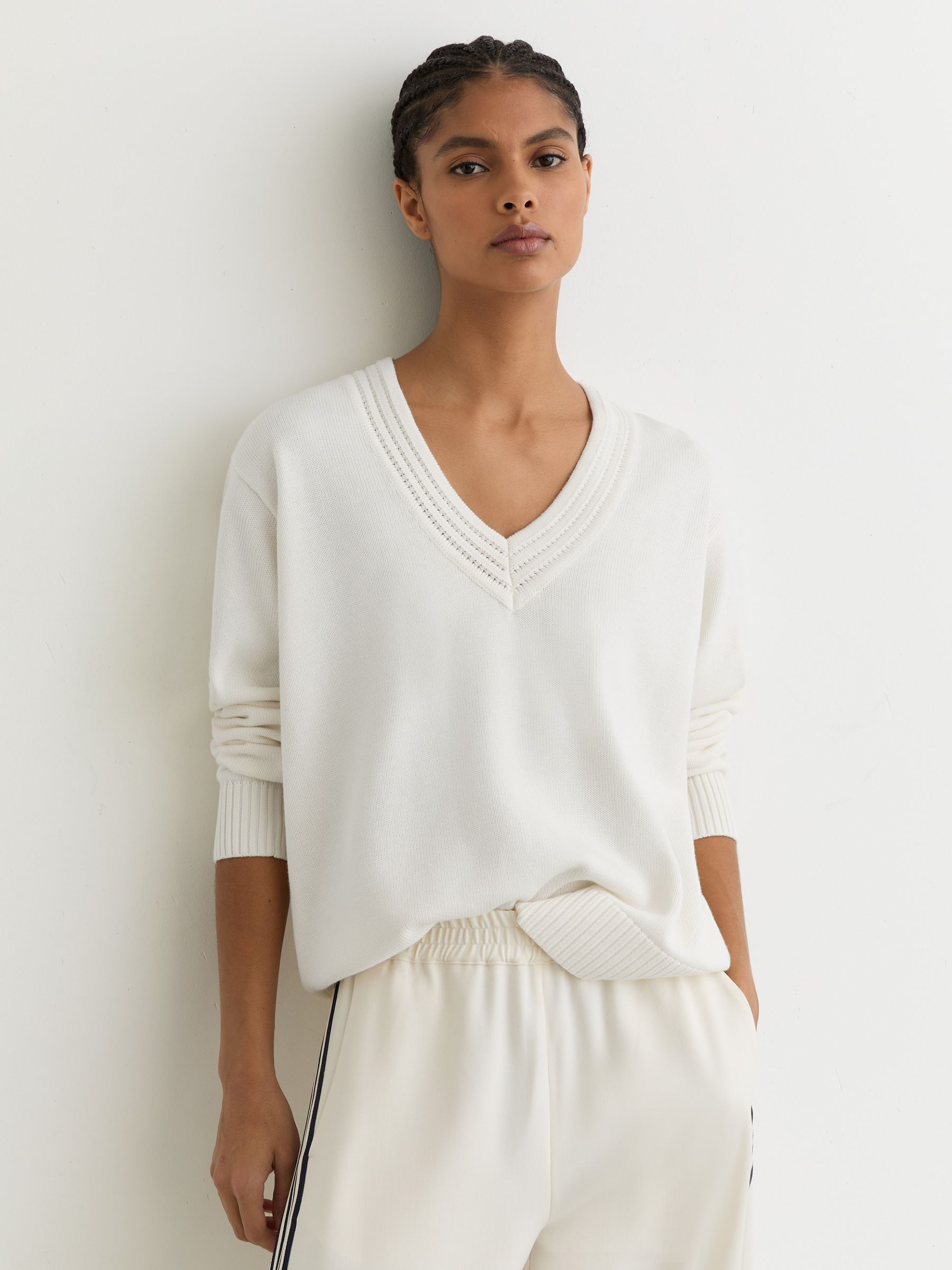 Cotton and Wool V-Neck Jumper in Ivory