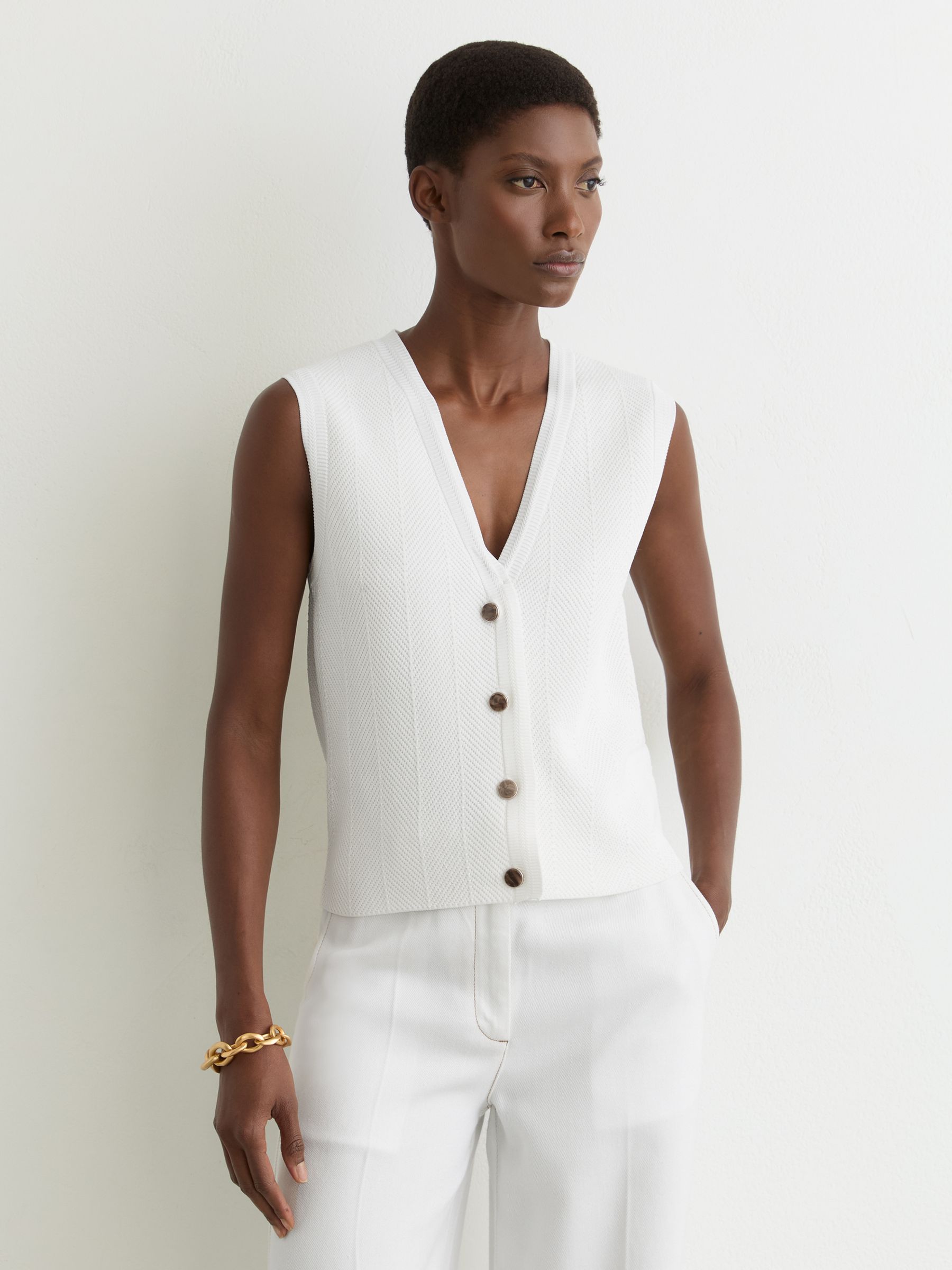 Textured-Knit Button-Through Waistcoat in White - Image 1 of 6