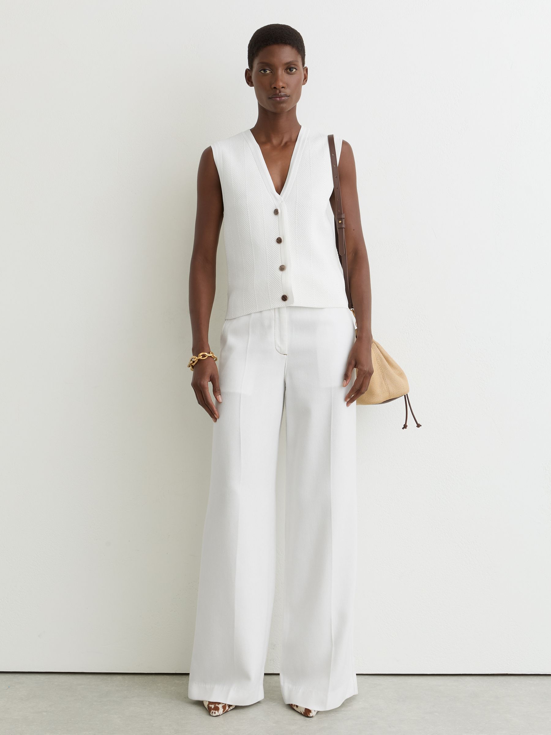 Textured-Knit Button-Through Waistcoat in White - Image 3 of 6