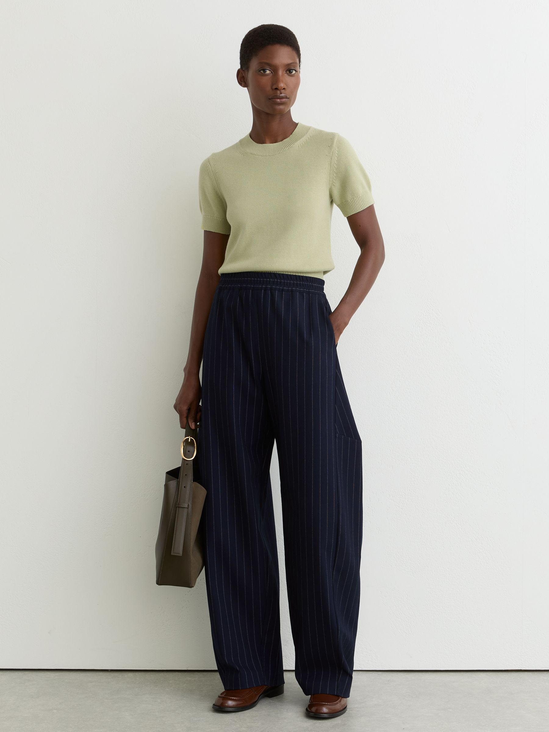 Cotton And Wool Crew-Neck Top in Sage Green - Image 1 of 6