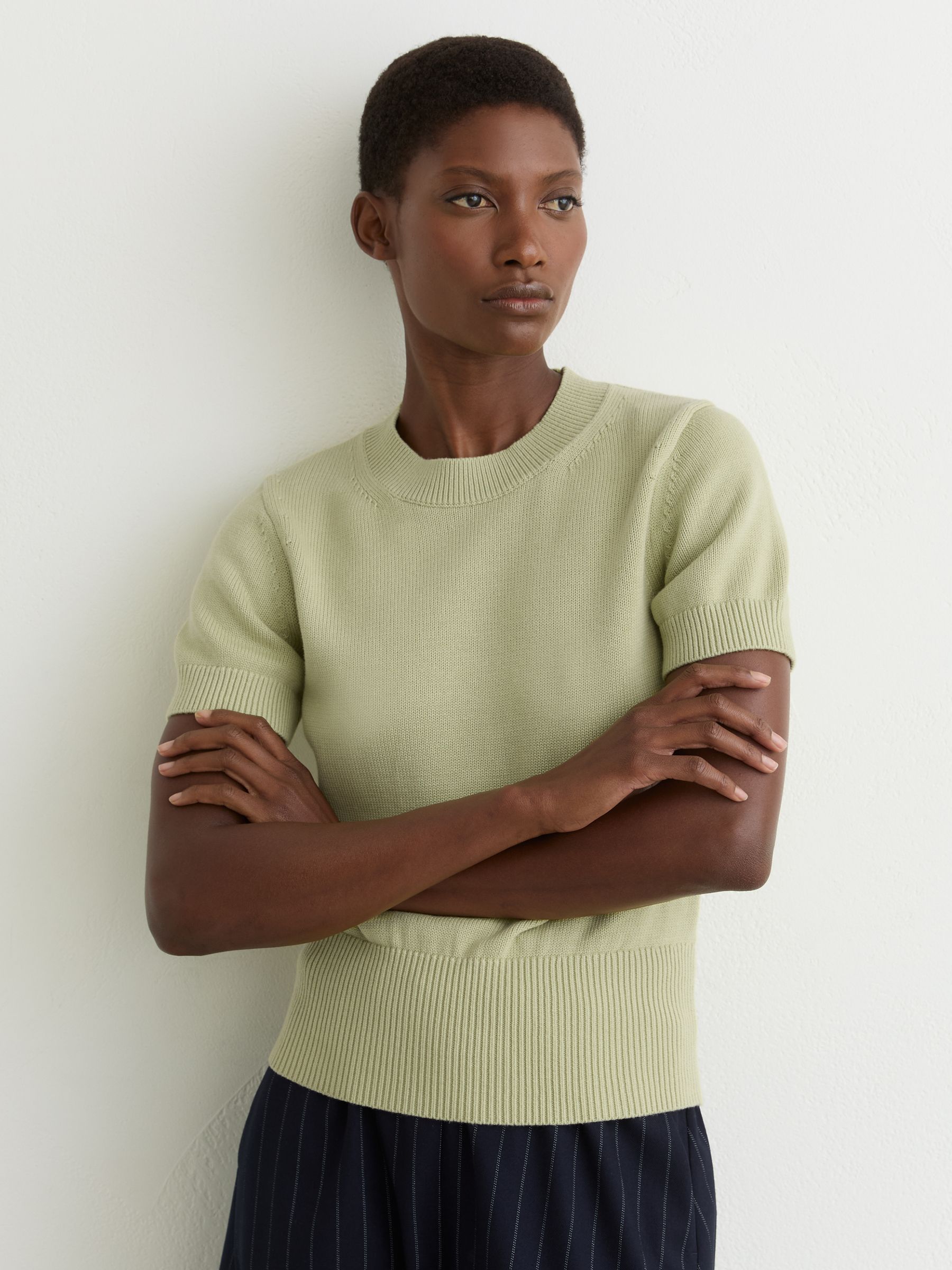 Cotton And Wool Crew-Neck Top in Sage Green - Image 3 of 6
