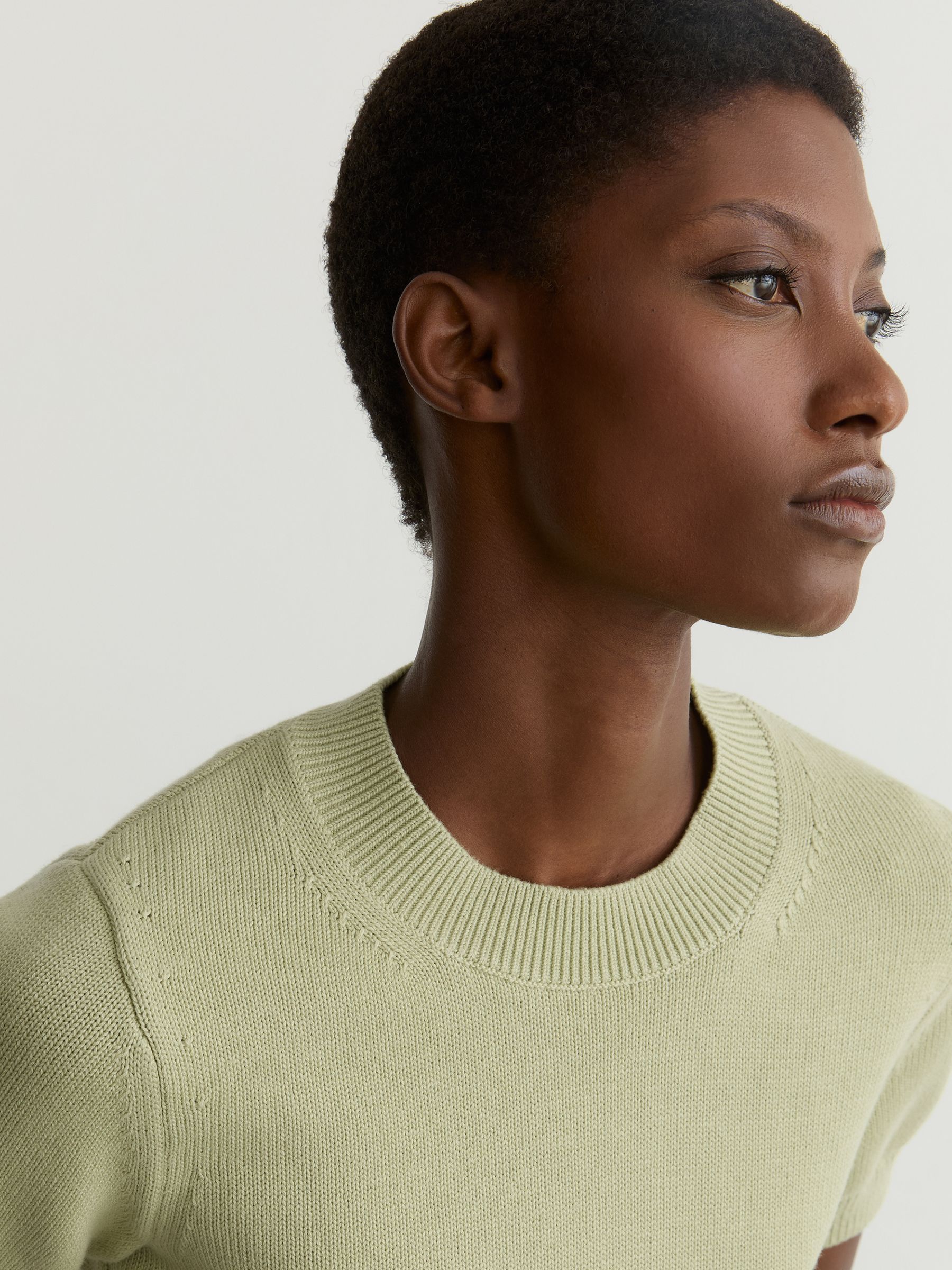 Cotton And Wool Crew-Neck Top in Sage Green - Image 4 of 6