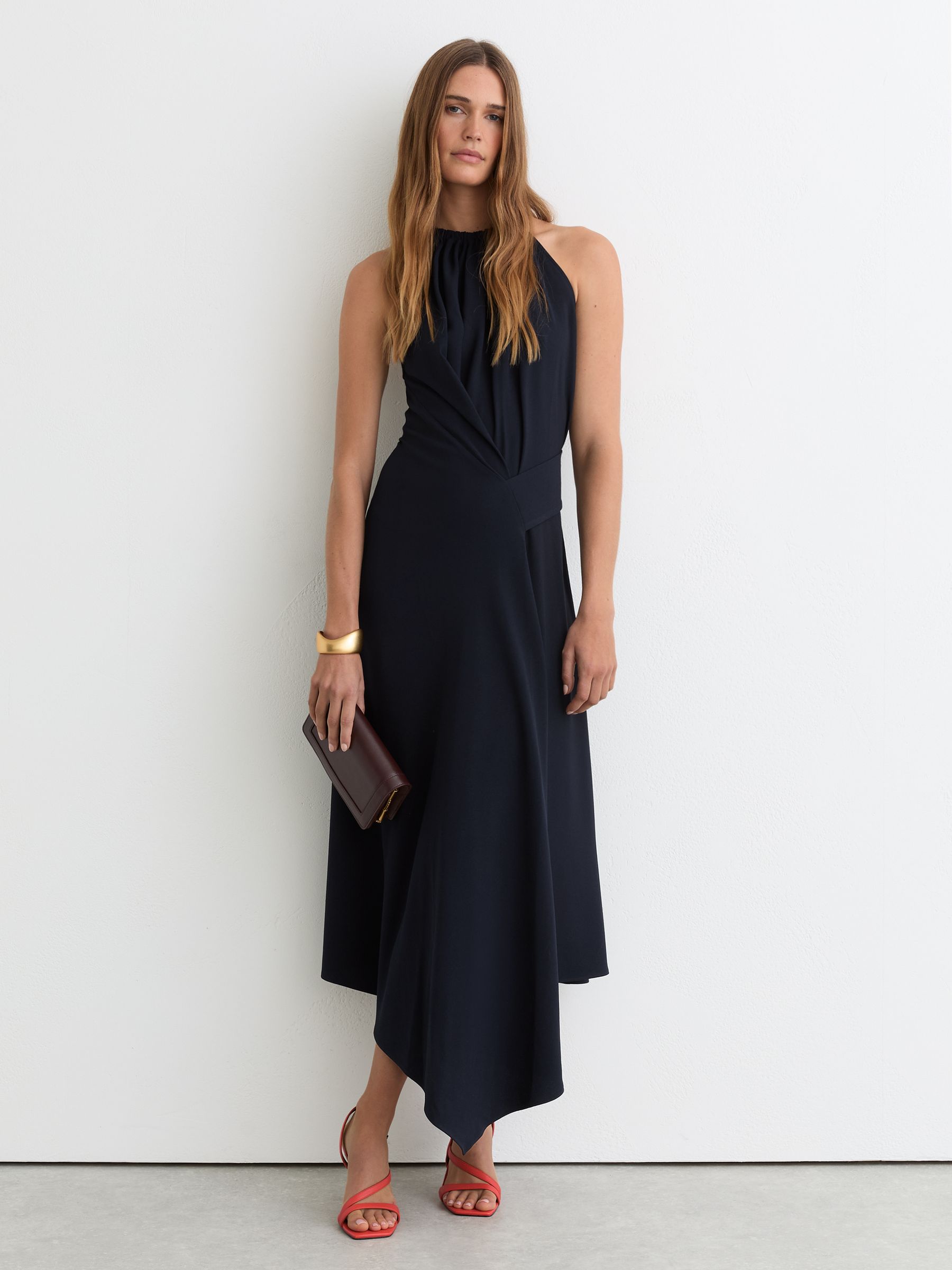 Petite Drape-Detail Sleeveless Midi Dress in Navy - Image 1 of 7