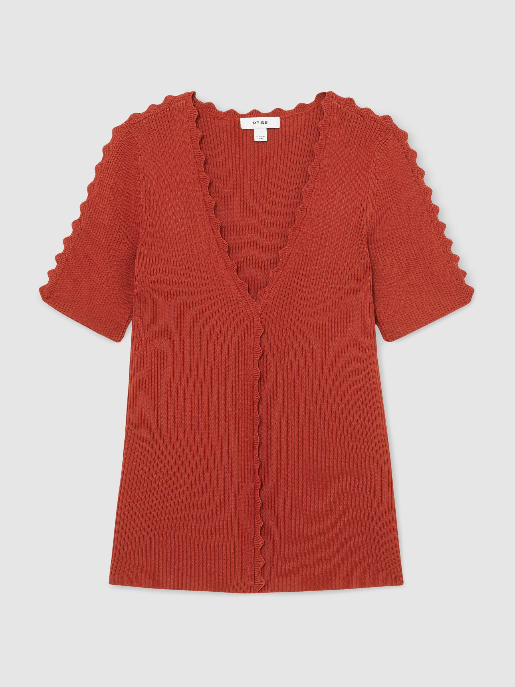 Scallop-Trim Rib-Knit Top in Rust Red - Image 2 of 7