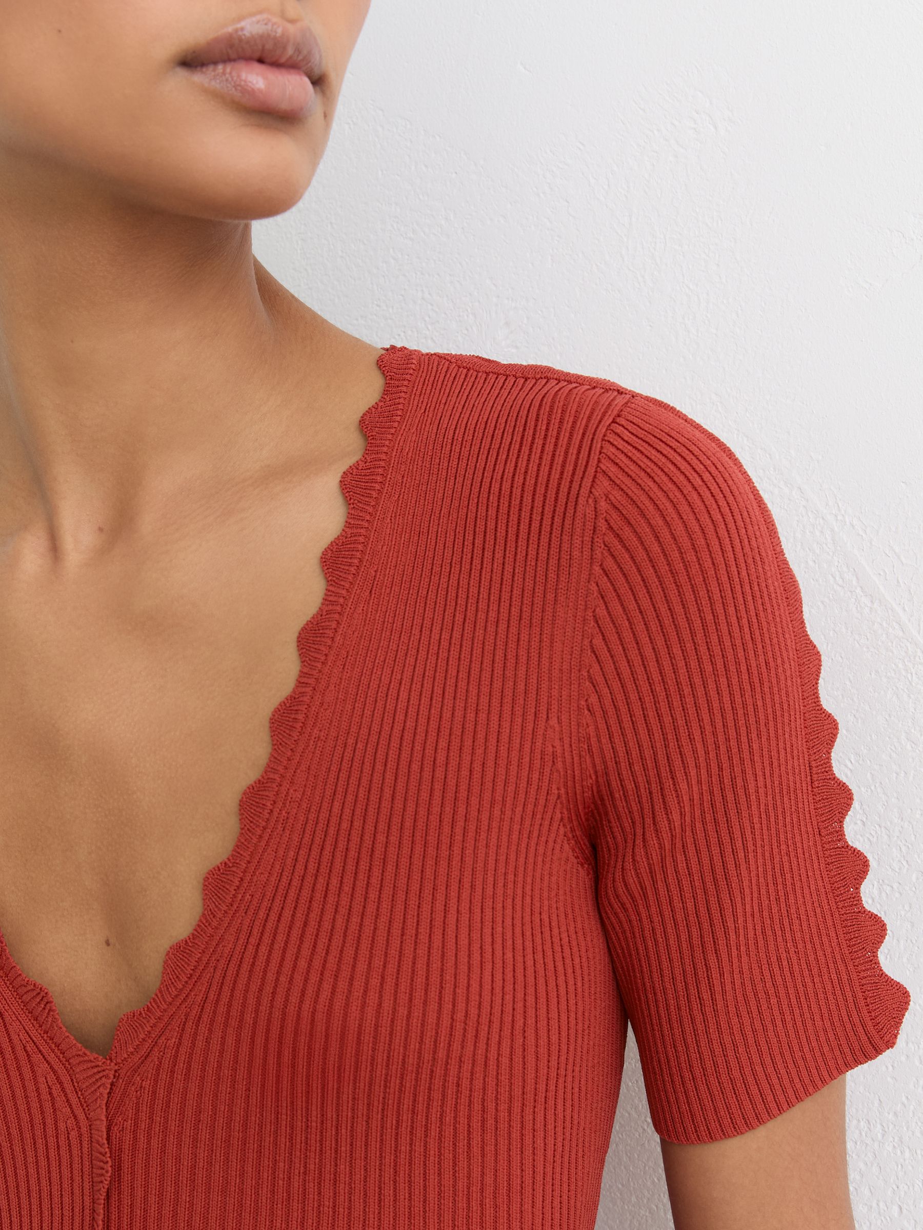 Scallop-Trim Rib-Knit Top in Rust Red - Image 4 of 7