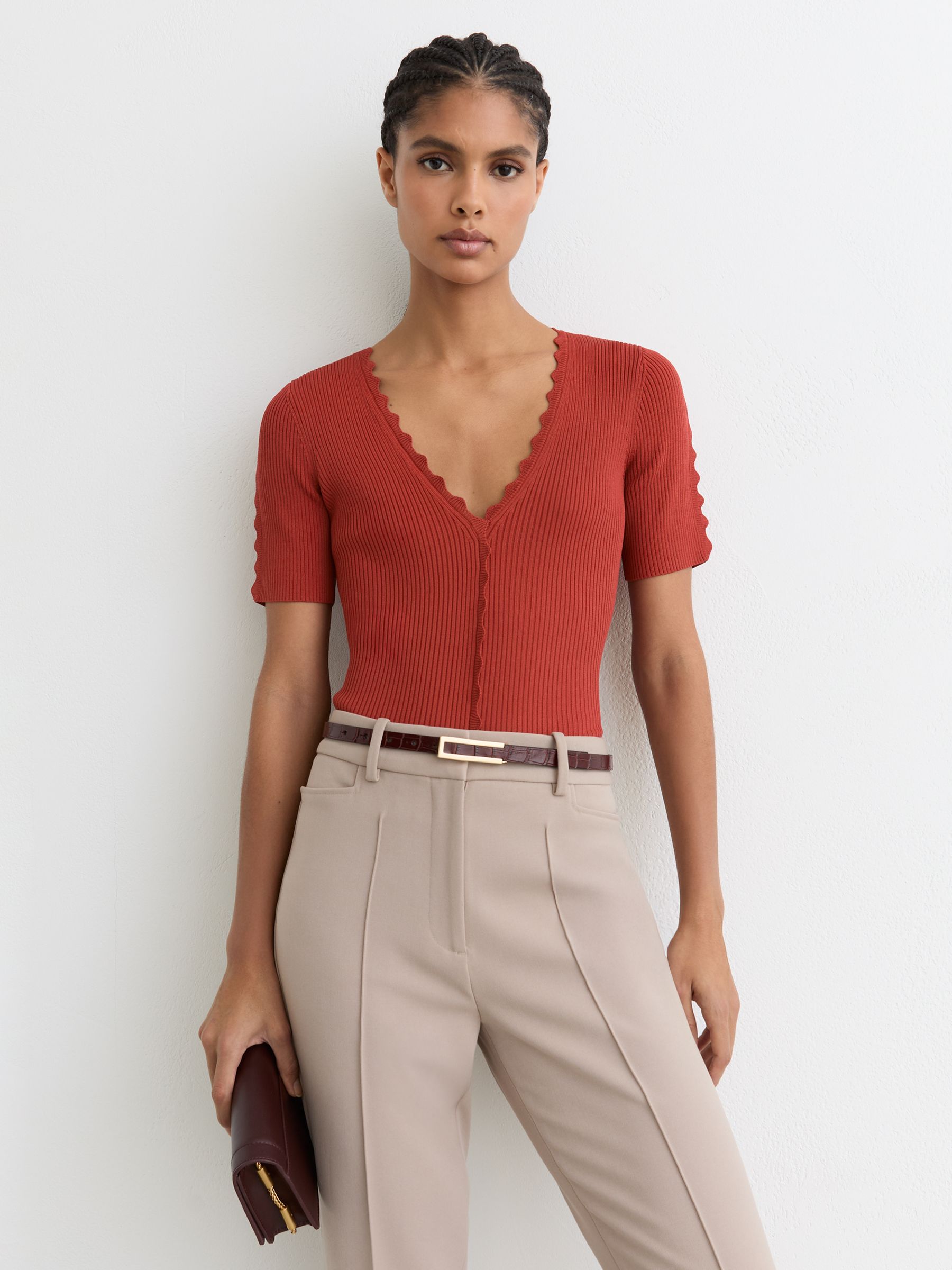 Scallop-Trim Rib-Knit Top in Rust Red - Image 5 of 7