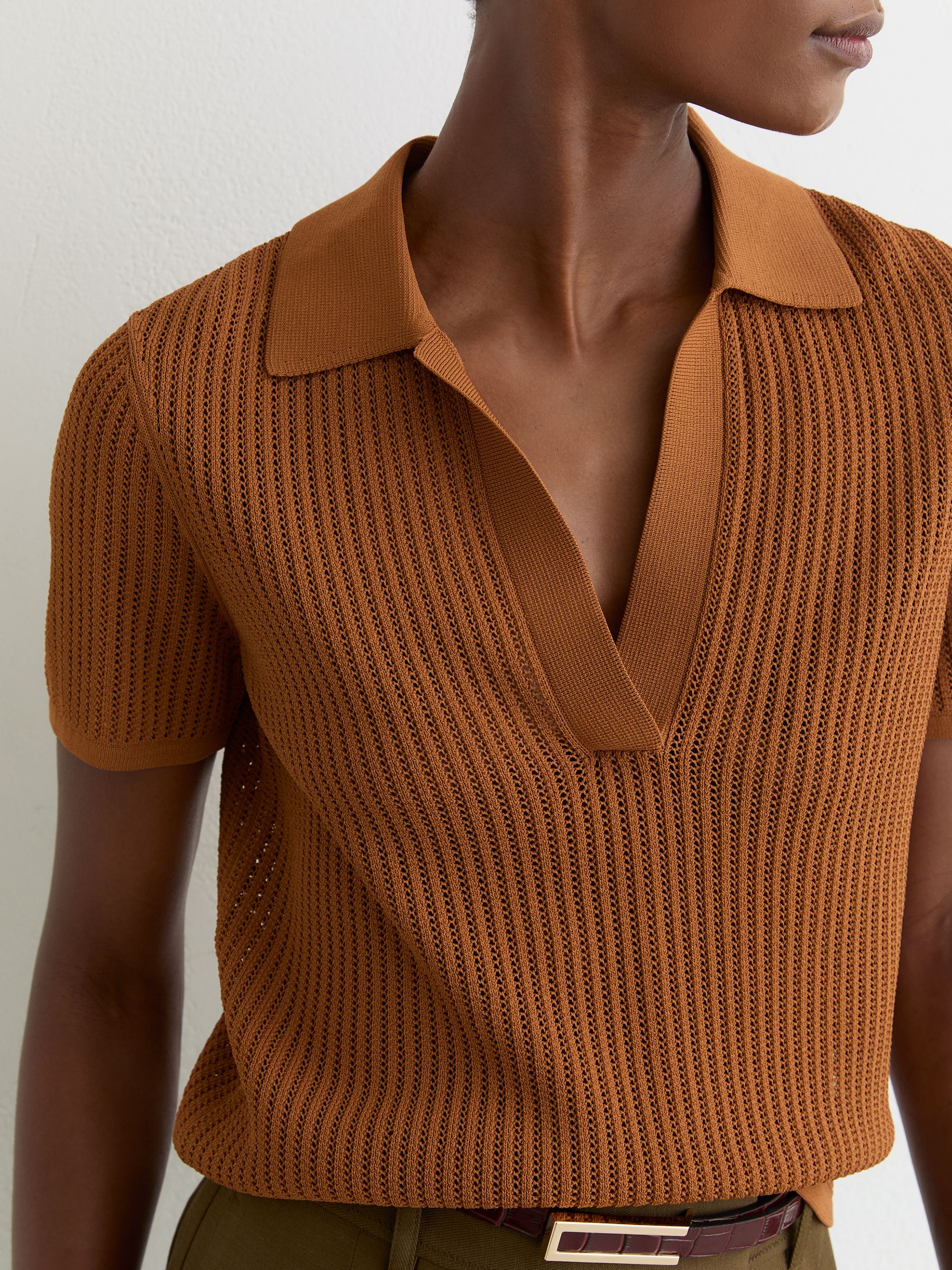 Open-Stitch Knitted Polo Top in Rust Orange - Image 1 of 6