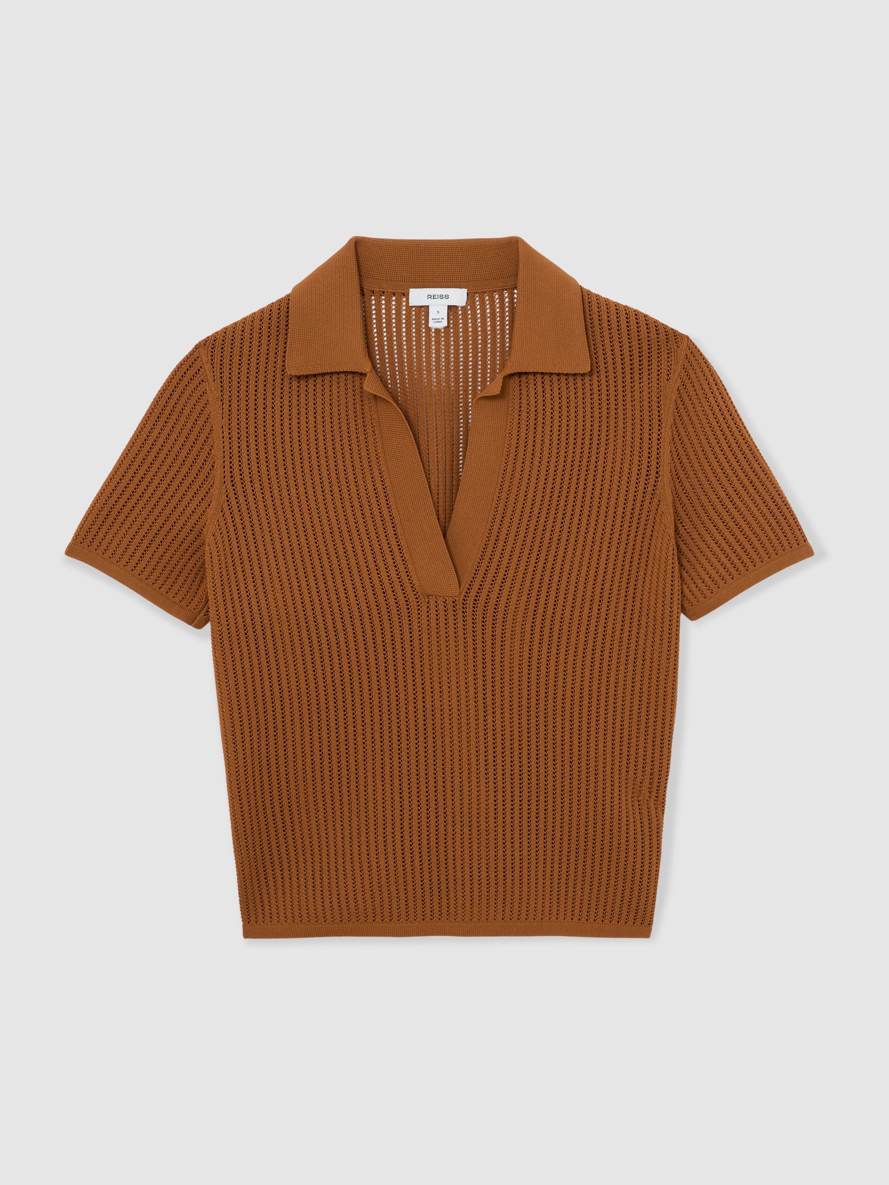 Open-Stitch Knitted Polo Top in Rust Orange - Image 2 of 6