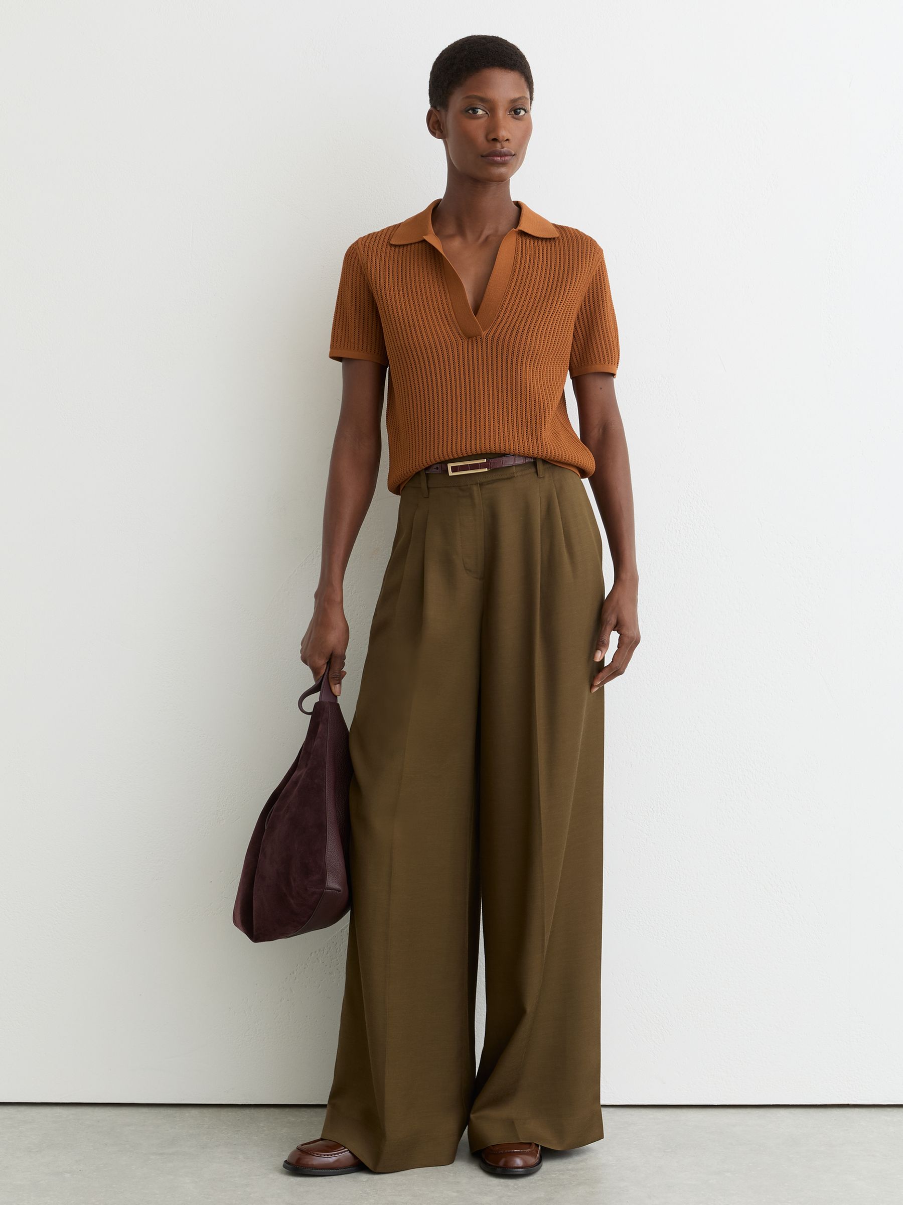 Open-Stitch Knitted Polo Top in Rust Orange - Image 3 of 6