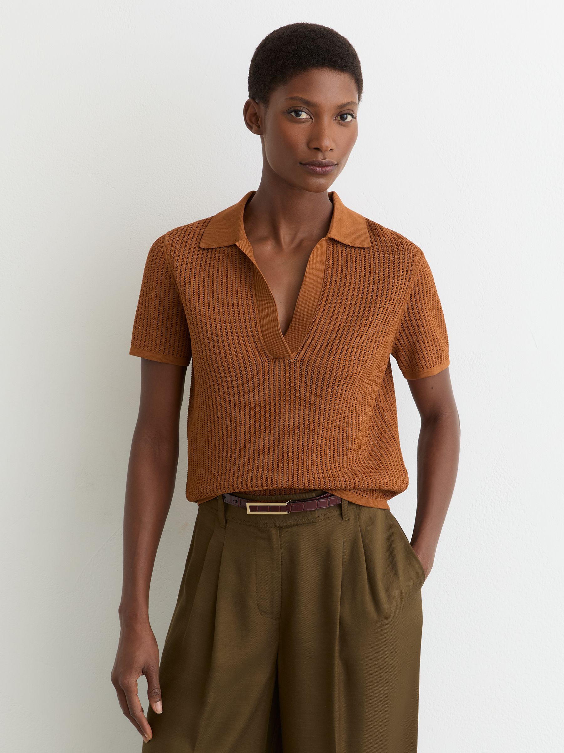 Open-Stitch Knitted Polo Top in Rust Orange - Image 4 of 6