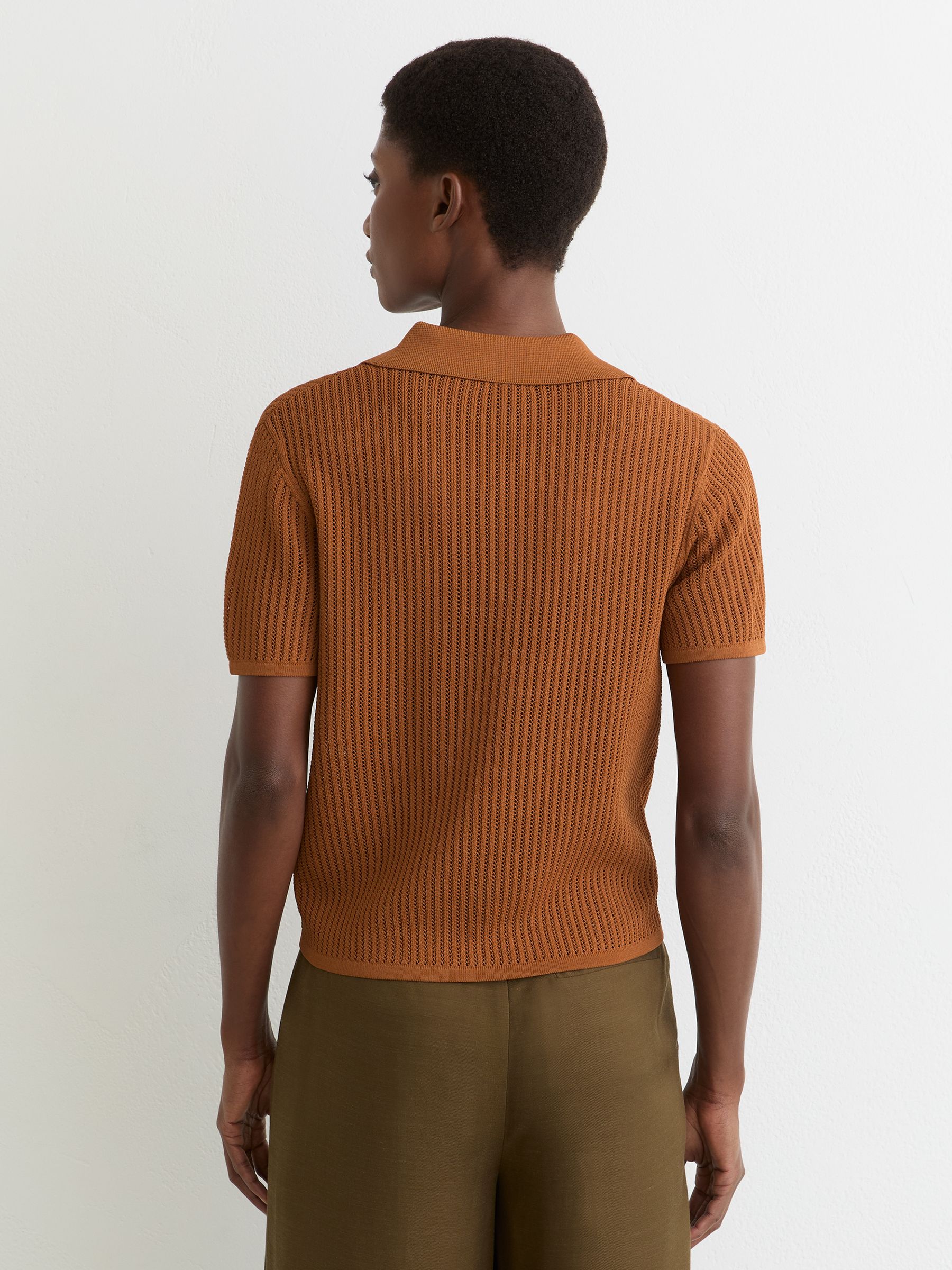 Open-Stitch Knitted Polo Top in Rust Orange - Image 5 of 6