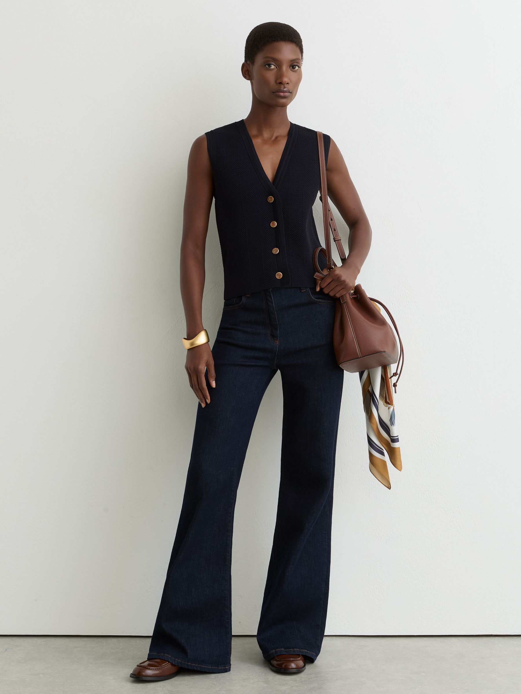 Textured-Knit Button-Through Waistcoat in Navy - Image 1 of 6